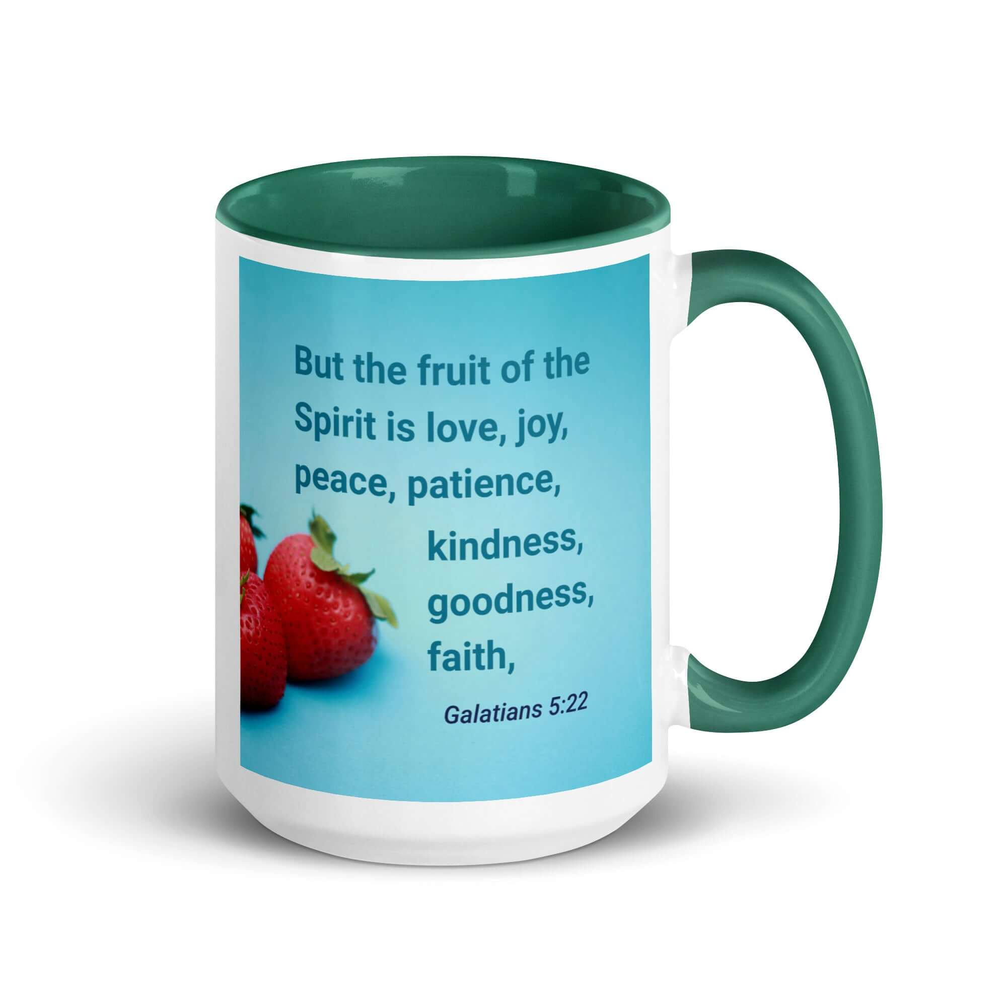 Galatians 5:22 Bible Verse, fruit of the Spirit White Ceramic Mug with Color Inside Dark green 15 oz