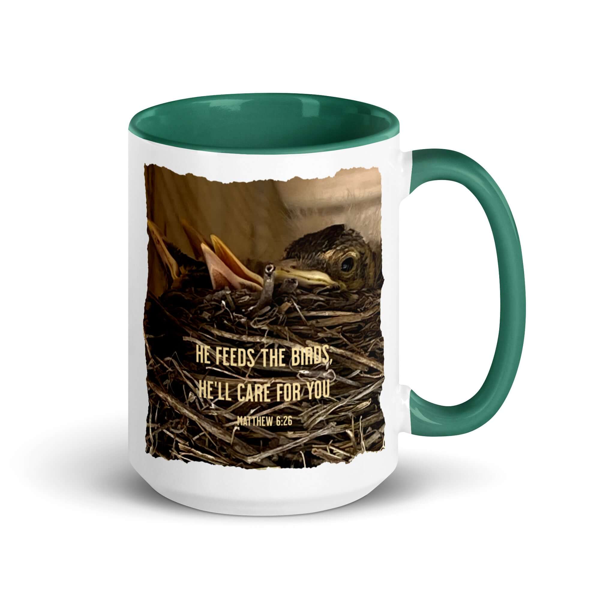 Matthew 6:26 Baby Robins, He'll Care for You White Ceramic Mug with Color Inside