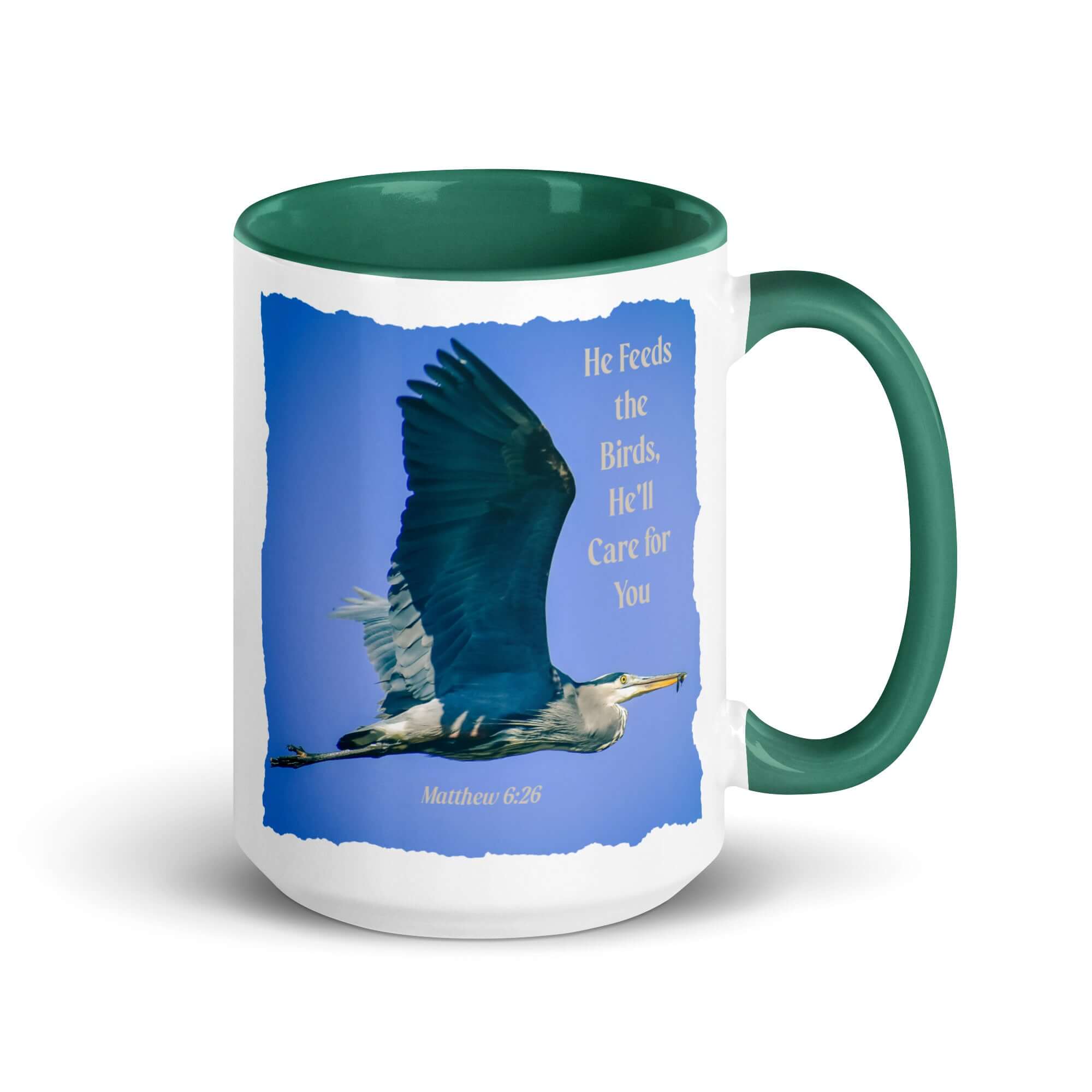 Matthew 6:26 Graceful Heron, He'll Care for You White Ceramic Mug with Color Inside