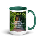 Revelation 3:20 Bible Verse, Garden Doorway White Ceramic Mug with Color Inside