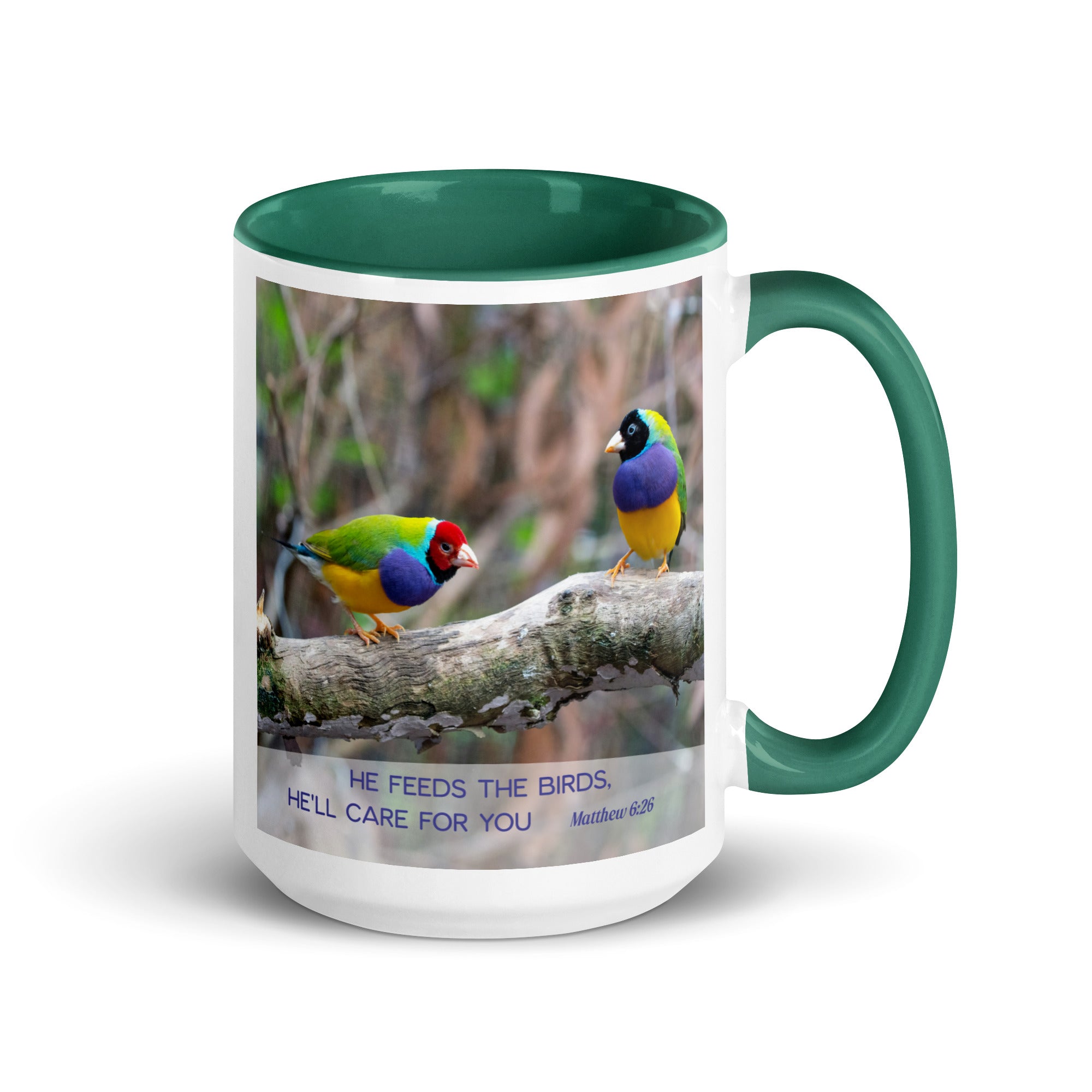 Matthew 6:26 Gouldian Finches, He'll Care for You White Ceramic Mug with Color Inside Dark green 15 oz