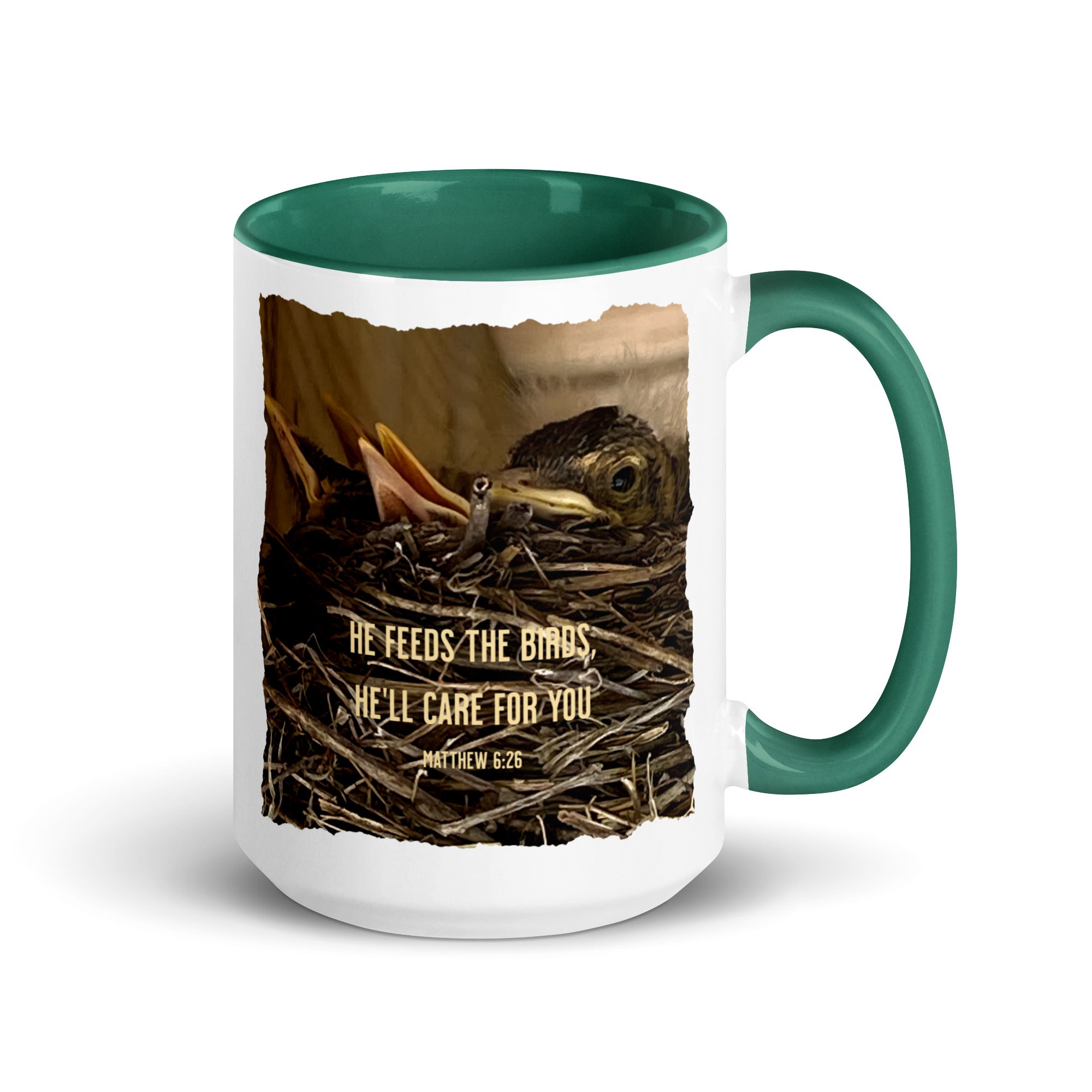 Matthew 6:26 Baby Robins, He'll Care for You White Ceramic Mug with Color Inside Dark green 15 oz