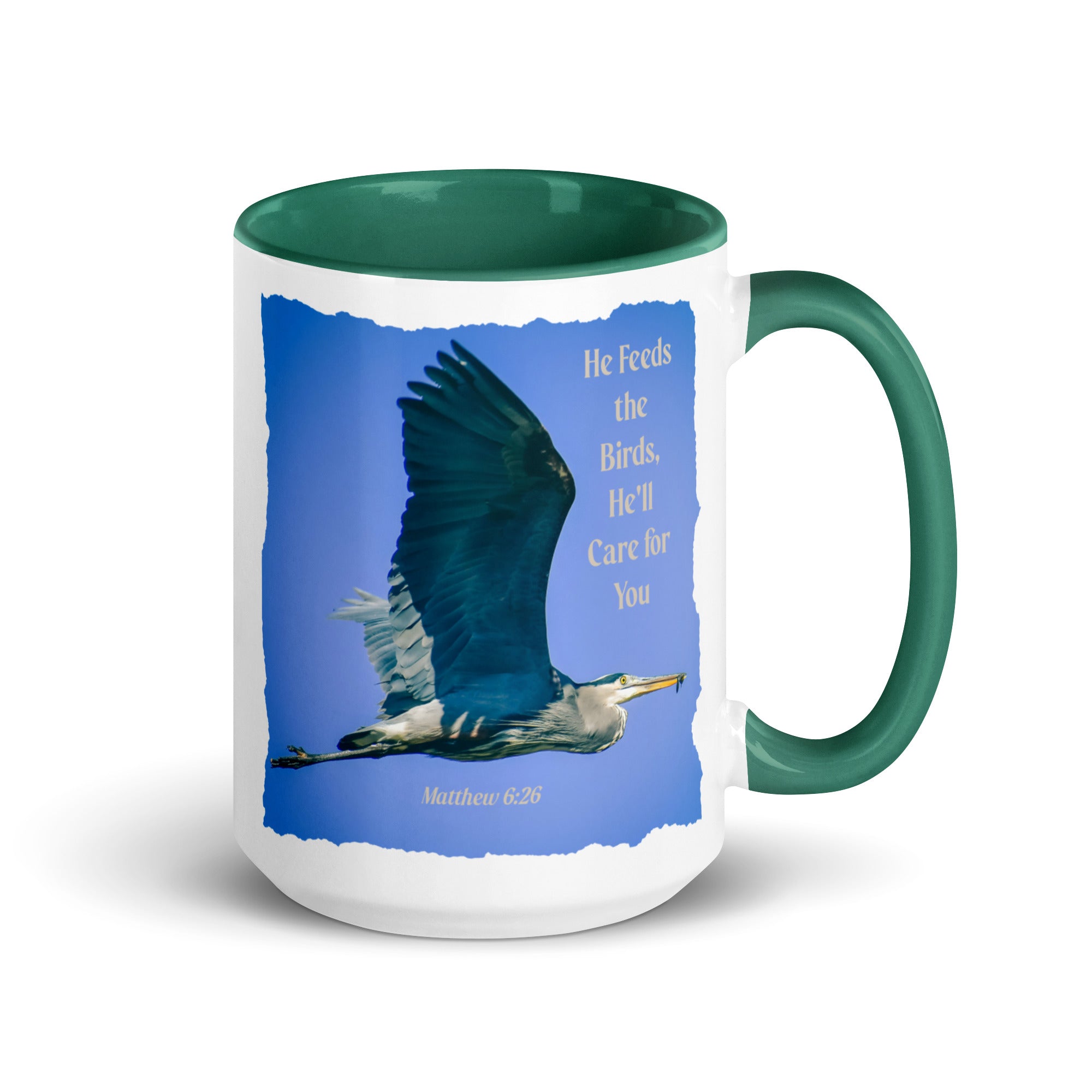 Matthew 6:26 Graceful Heron, He'll Care for You White Ceramic Mug with Color Inside Dark green 15 oz