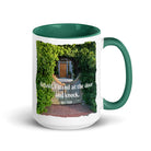 Revelation 3:20 Bible Verse, Garden Doorway White Ceramic Mug with Color Inside Dark green 15 oz