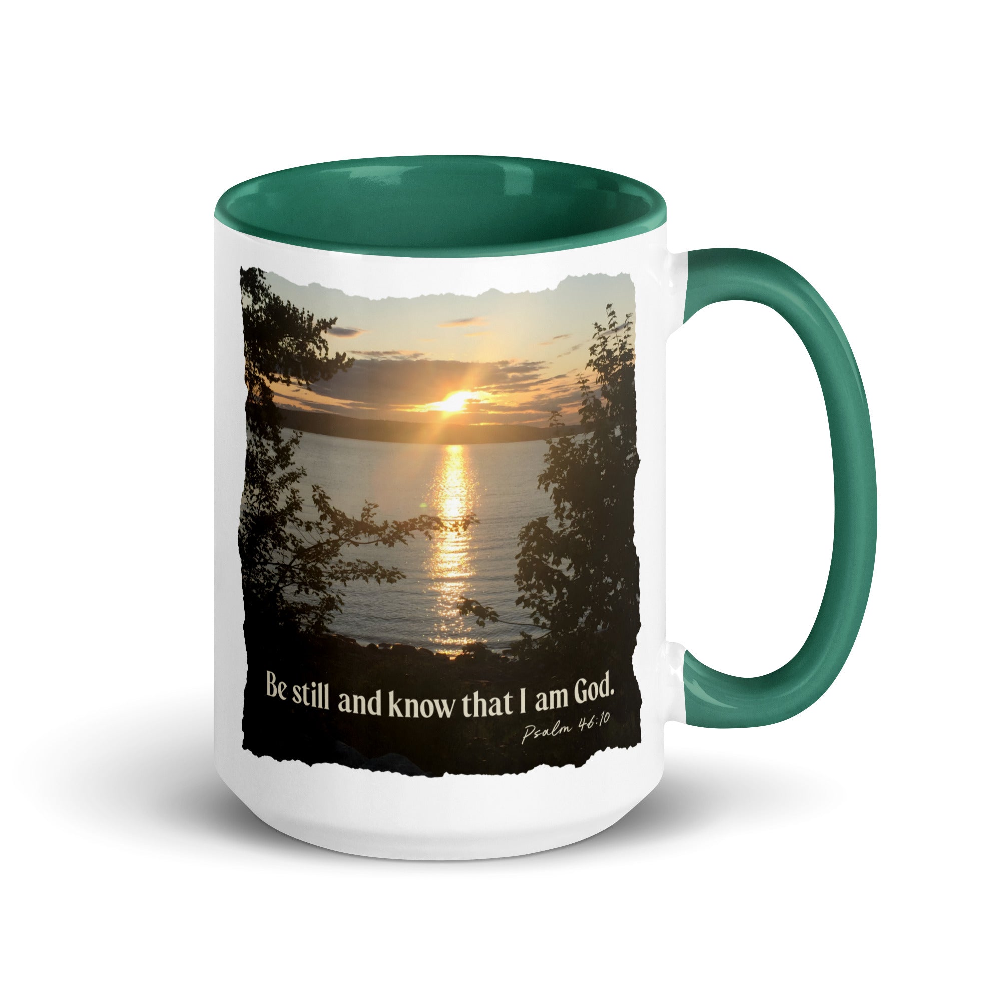Psalm 46:10 Bible Verse, Sunset Glory White Ceramic Mug with Color Inside Dark green 15 oz