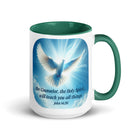 John 14:26 Bible Verse, Holy Spirit Dove White Ceramic Mug with Color Inside Dark green 15 oz