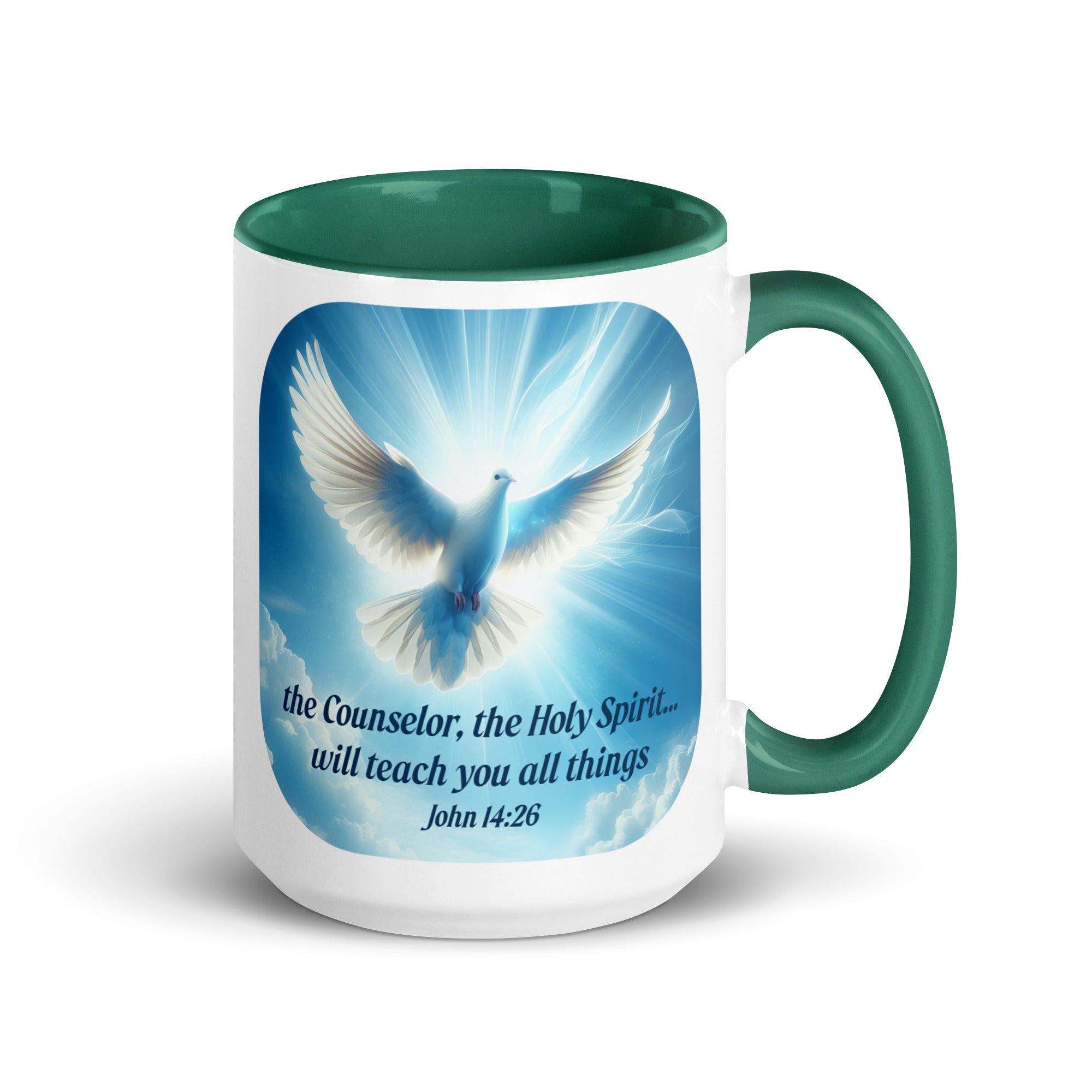 John 14:26 Bible Verse, Holy Spirit Dove White Ceramic Mug with Color Inside Dark green 15 oz