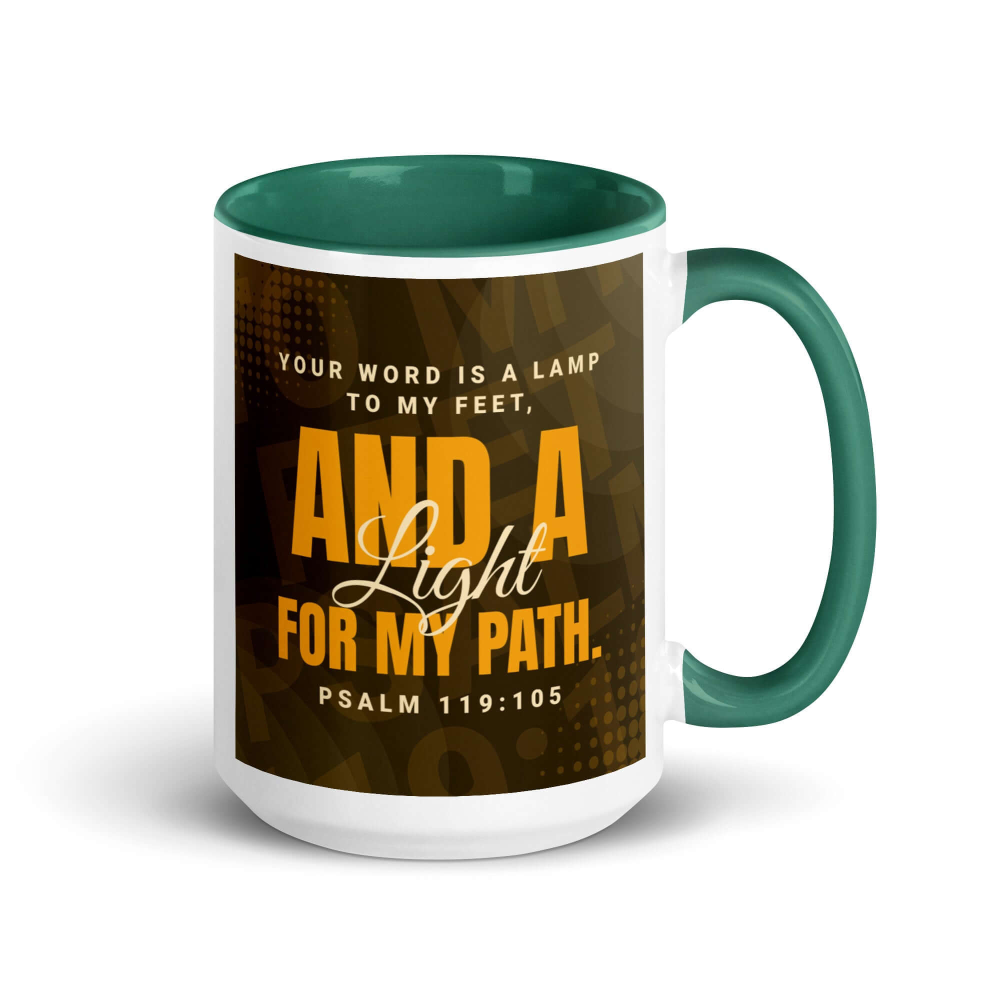 Psalm 119:105 Bible Verse, lamp to my feet White Ceramic Mug with Color Inside Dark green 15 oz