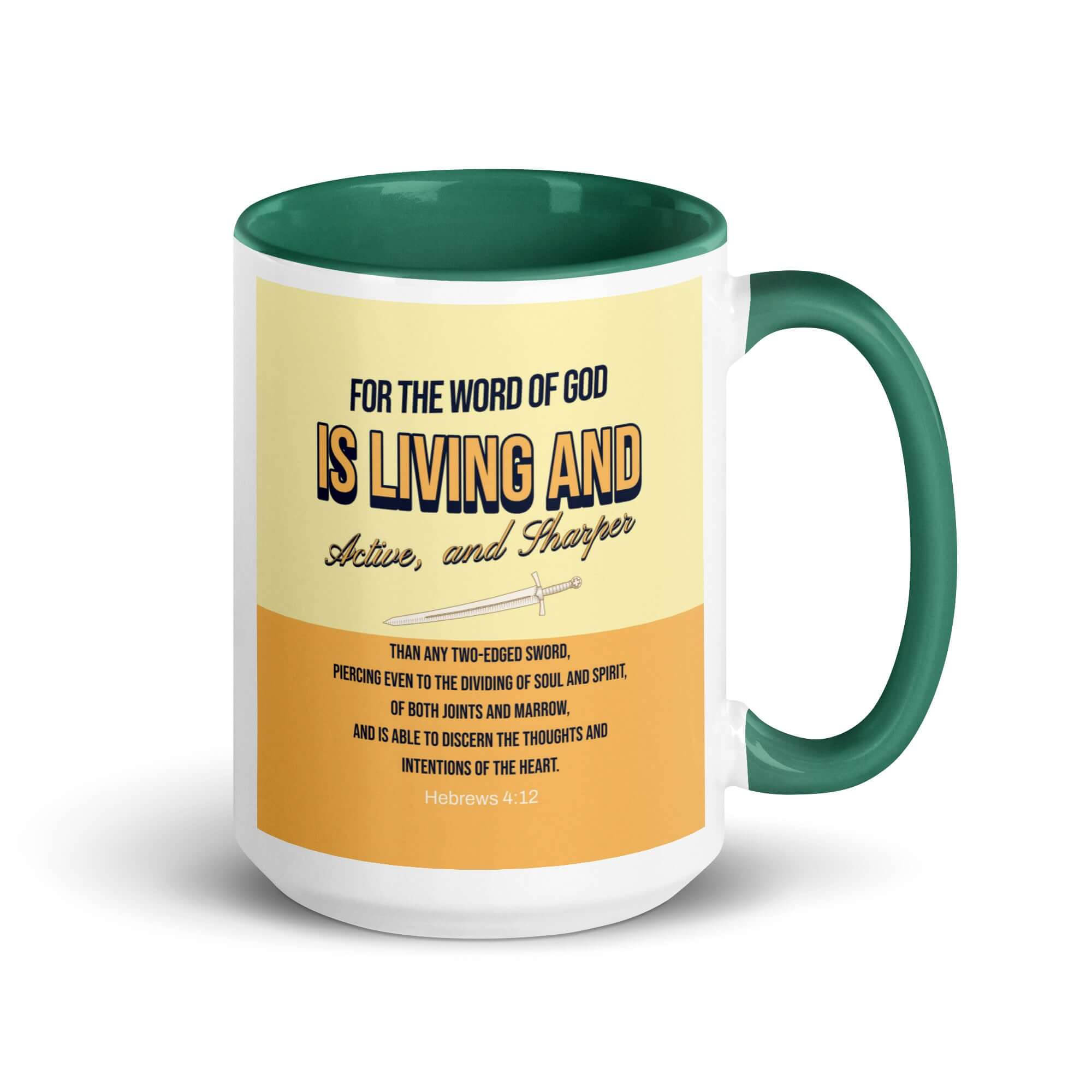 Hebrews 4:12 Bible Verse, living and active White Ceramic Mug with Color Inside Dark green 15 oz