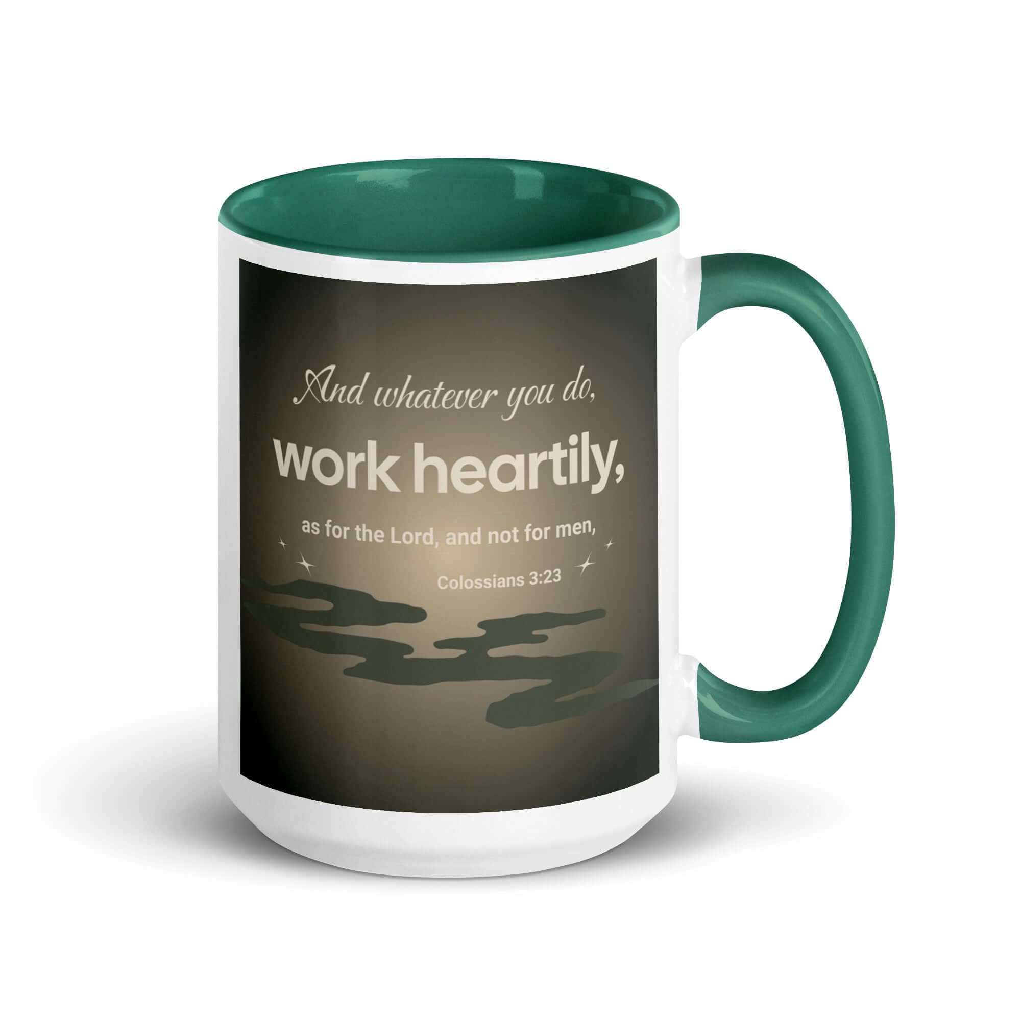 Colossians 3:23 Bible Verse, as for the Lord White Ceramic Mug with Color Inside Dark green 15 oz