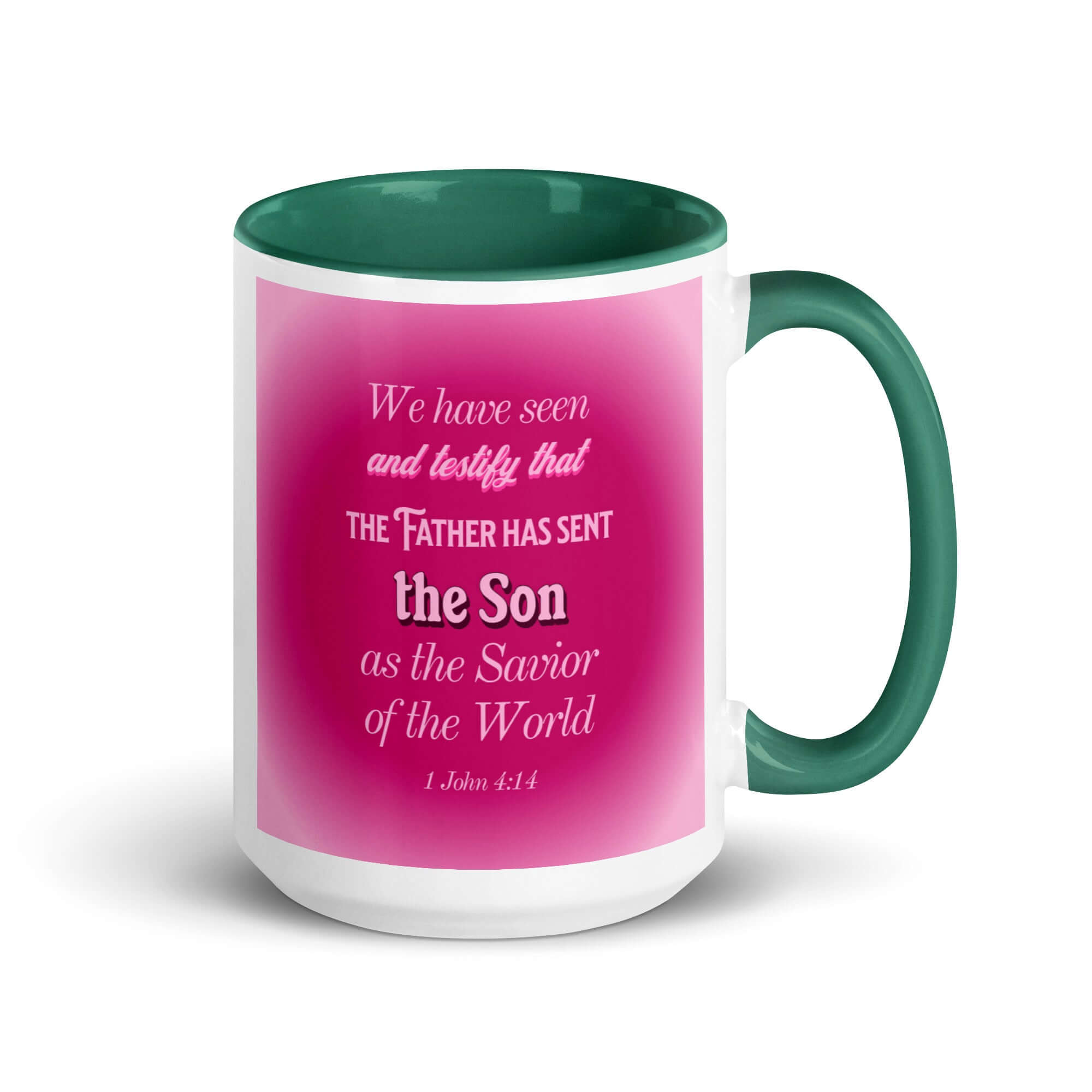 1 John 4:14 Bible Verse, that the Father White Ceramic Mug with Color Inside Dark green 15 oz