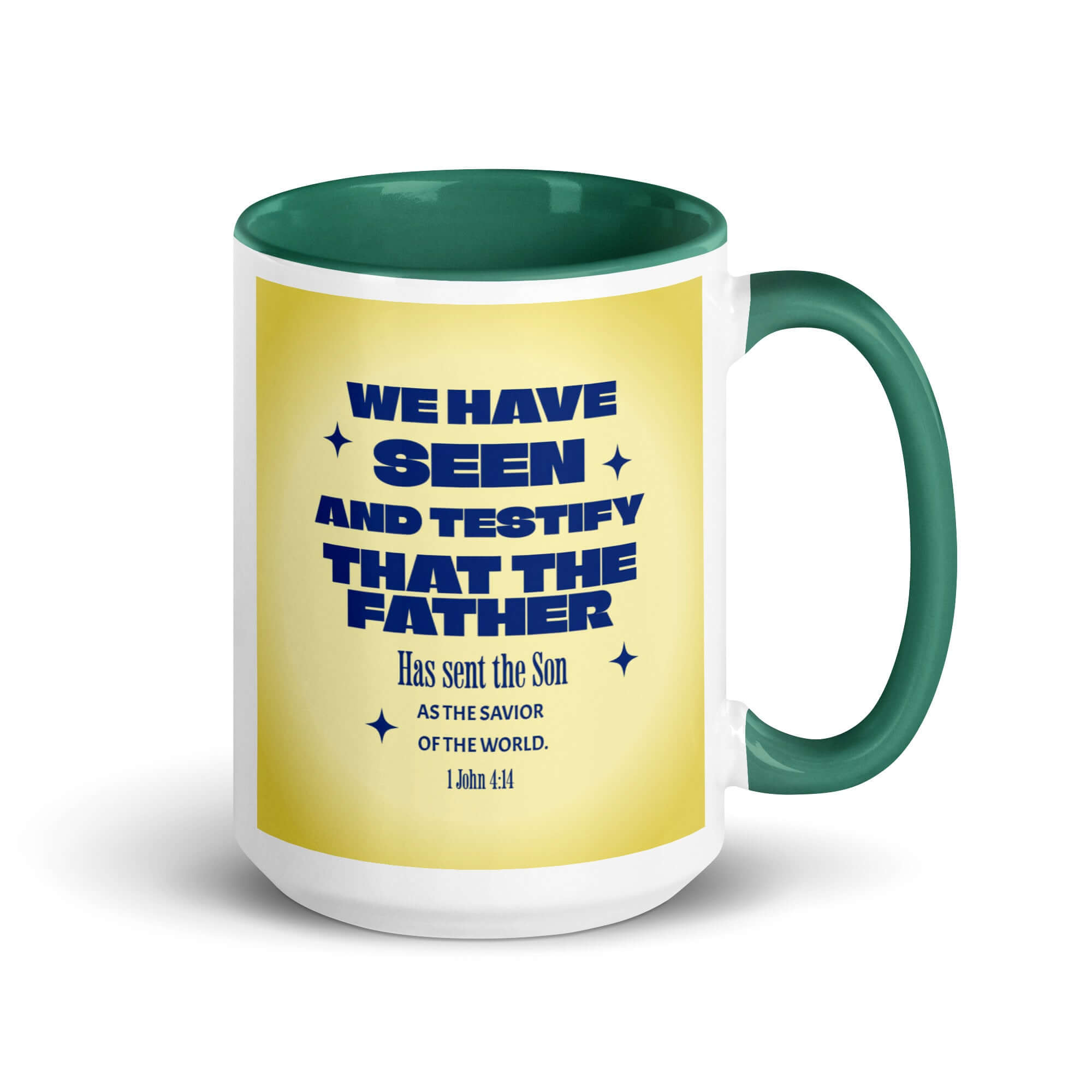 1 John 4:14 Bible Verse, Savior of the world White Ceramic Mug with Color Inside Dark green 15 oz