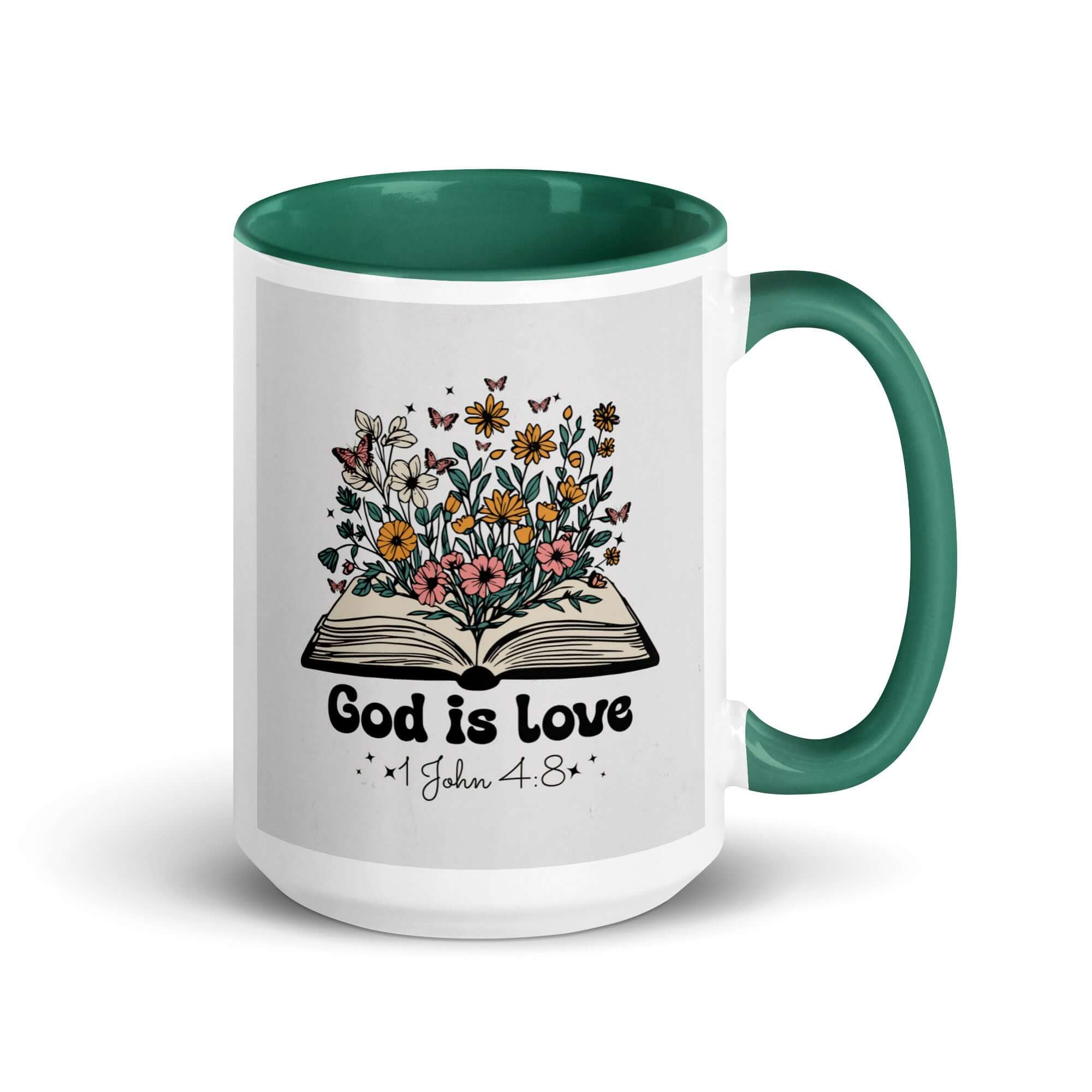 1 John 4:8 Bible Verse, God is Love White Ceramic Mug with Color Inside Dark green 15 oz
