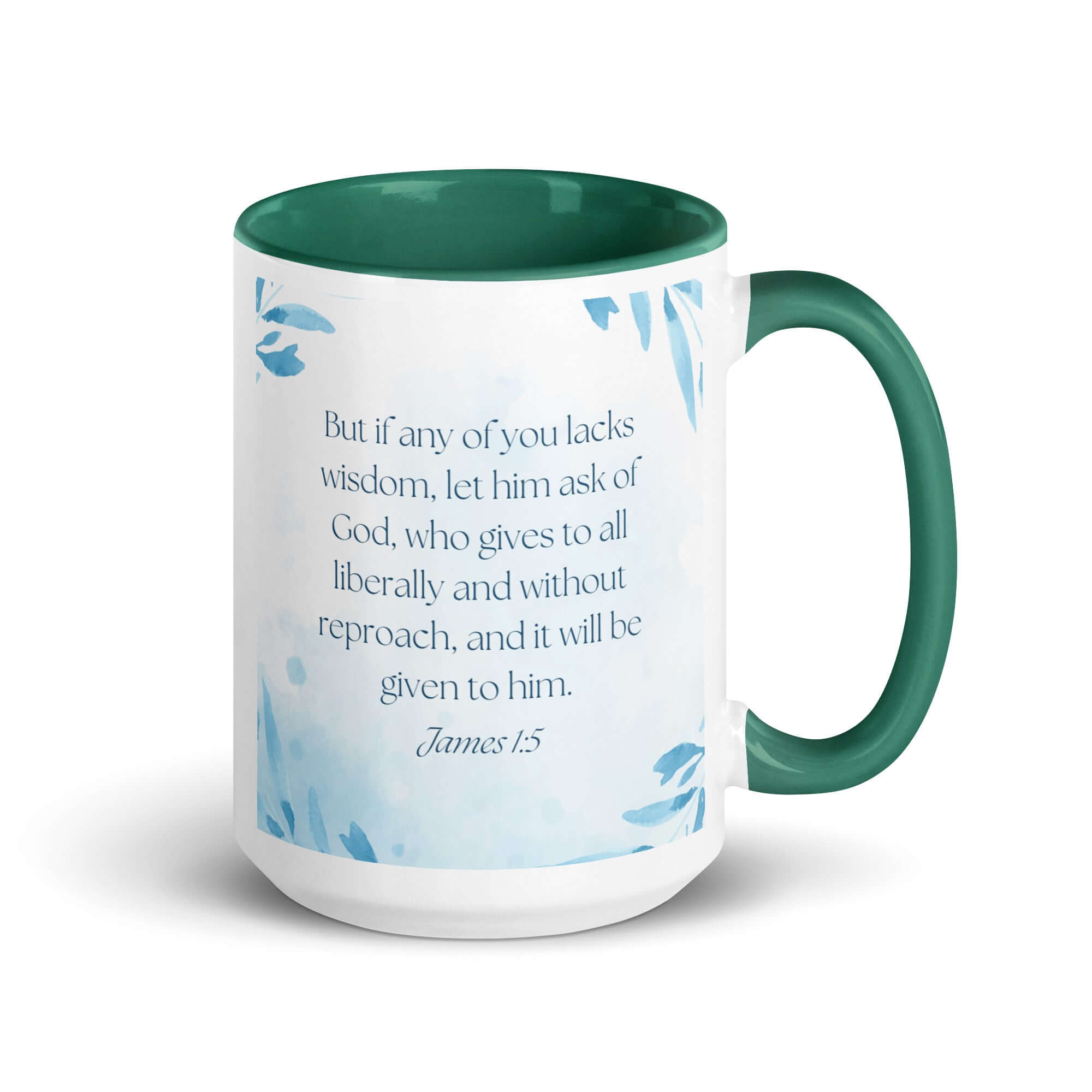 James 1:5 Bible Verse, lacks wisdom White Ceramic Mug with Color Inside Dark green 15 oz