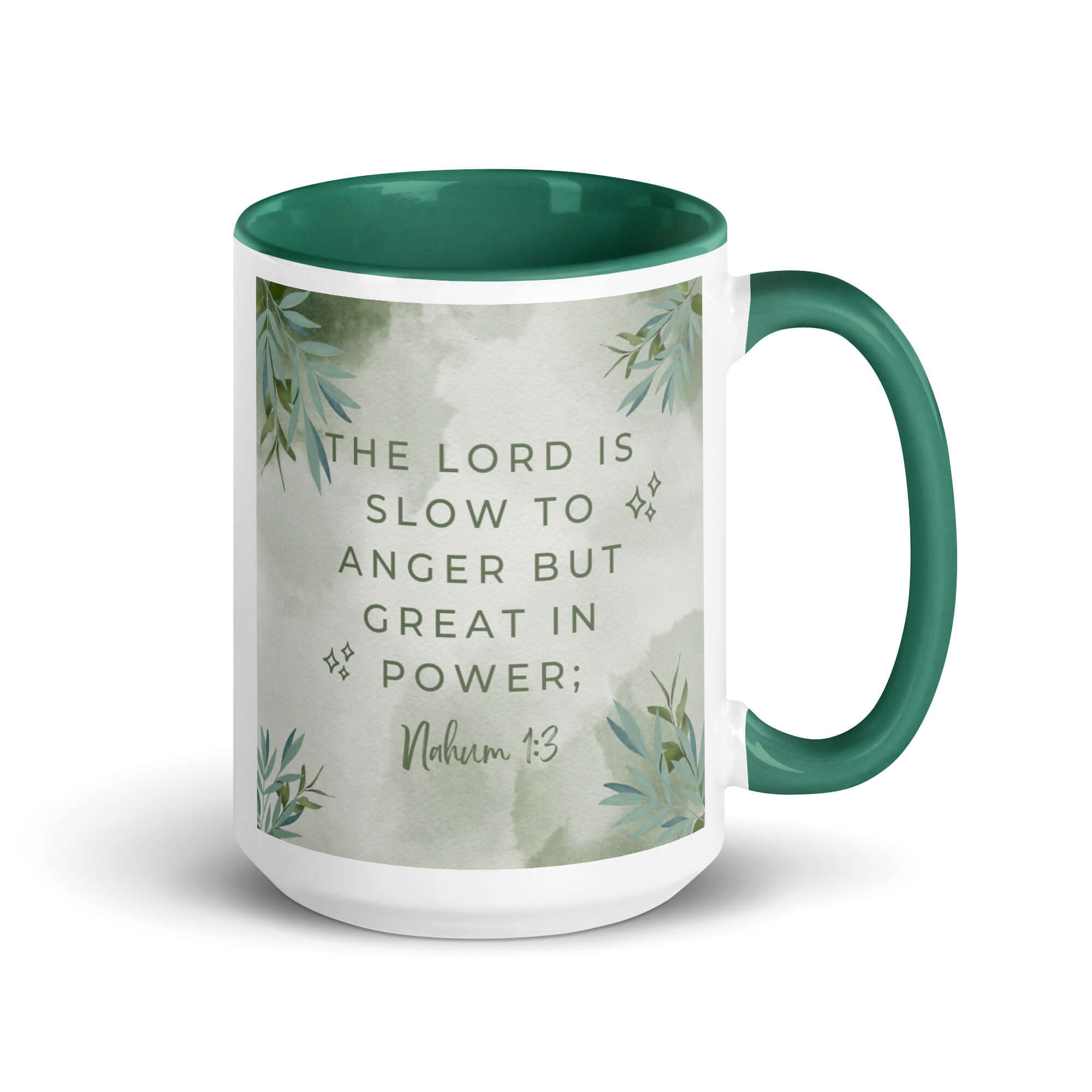 Nahum 1:3 Bible Verse, The Lord is slow White Ceramic Mug with Color Inside Dark green 15 oz