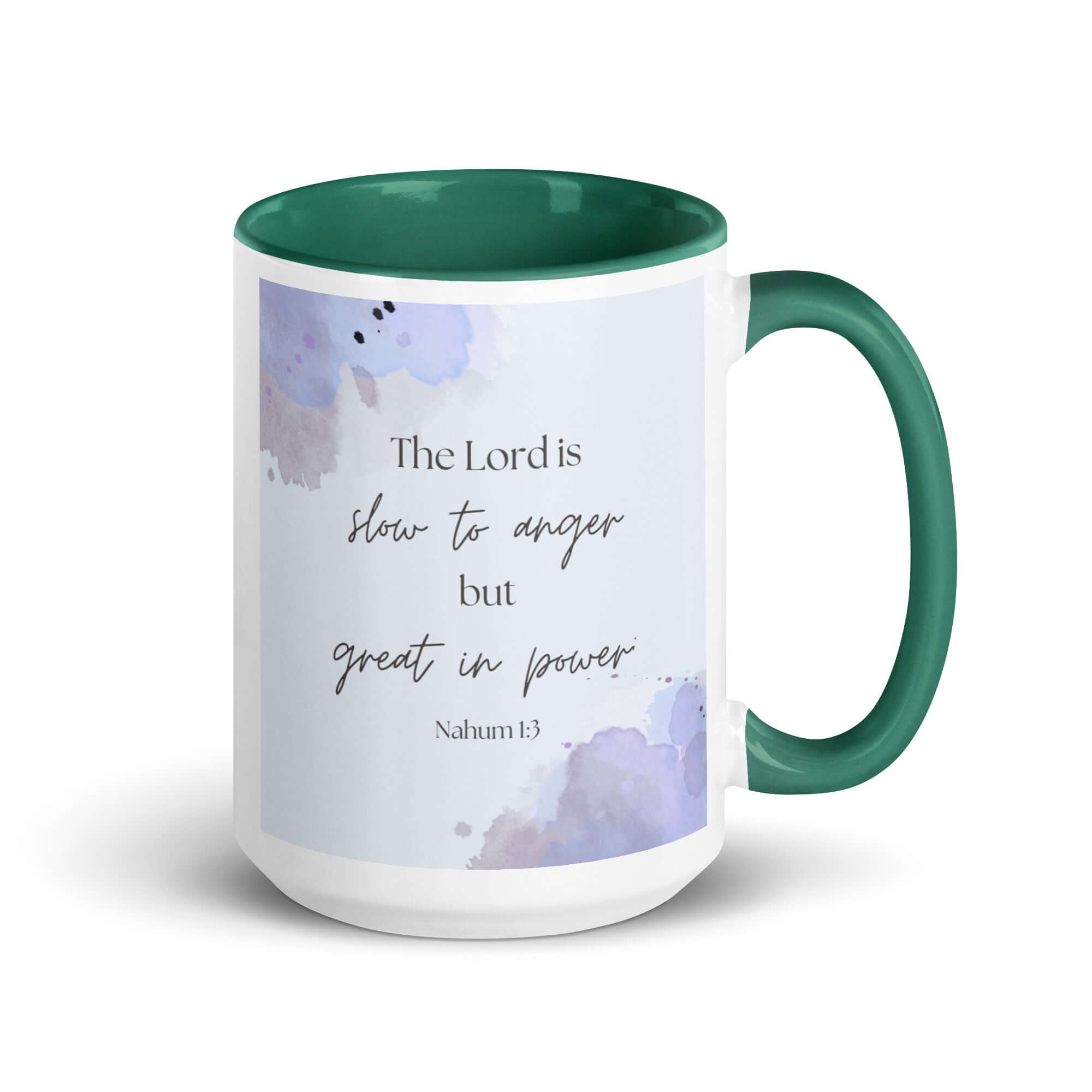 Nahum 1:3 Bible Verse, great in power White Ceramic Mug with Color Inside Dark green 15 oz