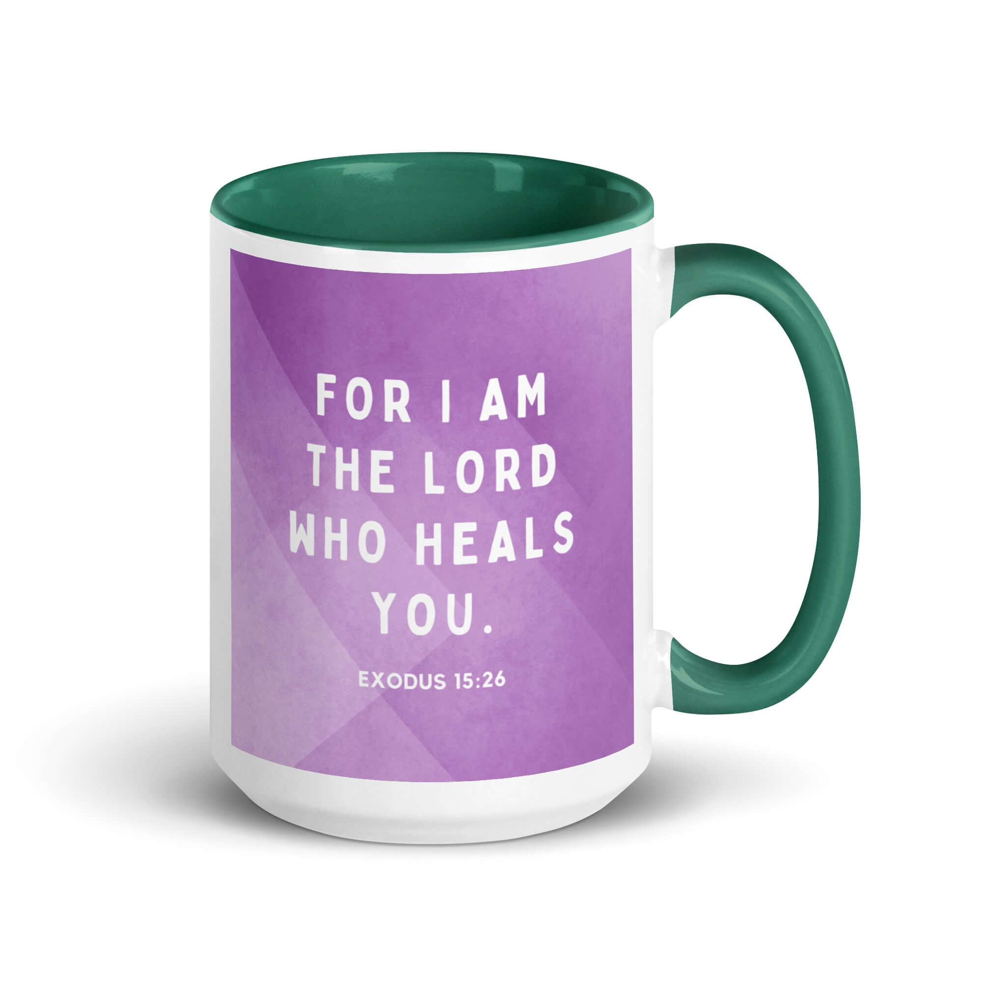 Exodus 15:26 Bible Verse, in his eyes White Ceramic Mug with Color Inside Dark green 15 oz