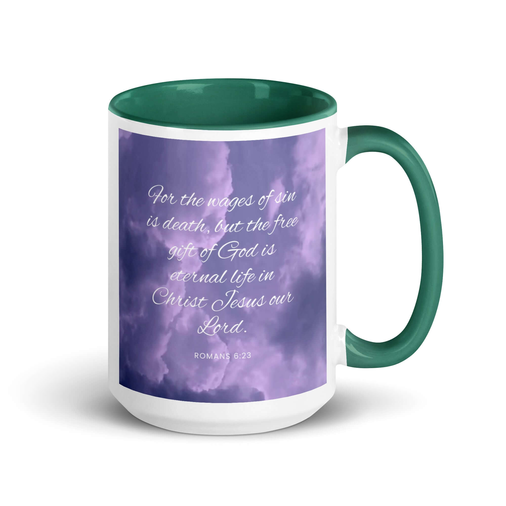 Romans 6:23 Bible Verse, free gift White Ceramic Mug with Color Inside Dark green 15 oz