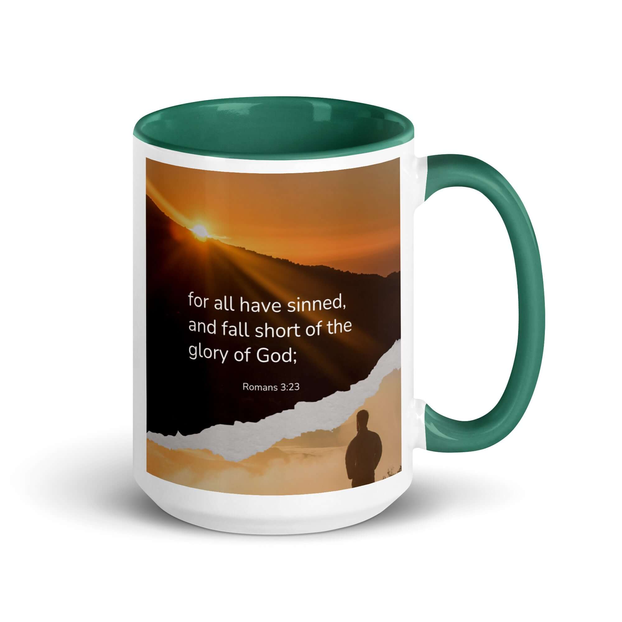 Romans 3:23 Bible Verse, of God White Ceramic Mug with Color Inside Dark green 15 oz