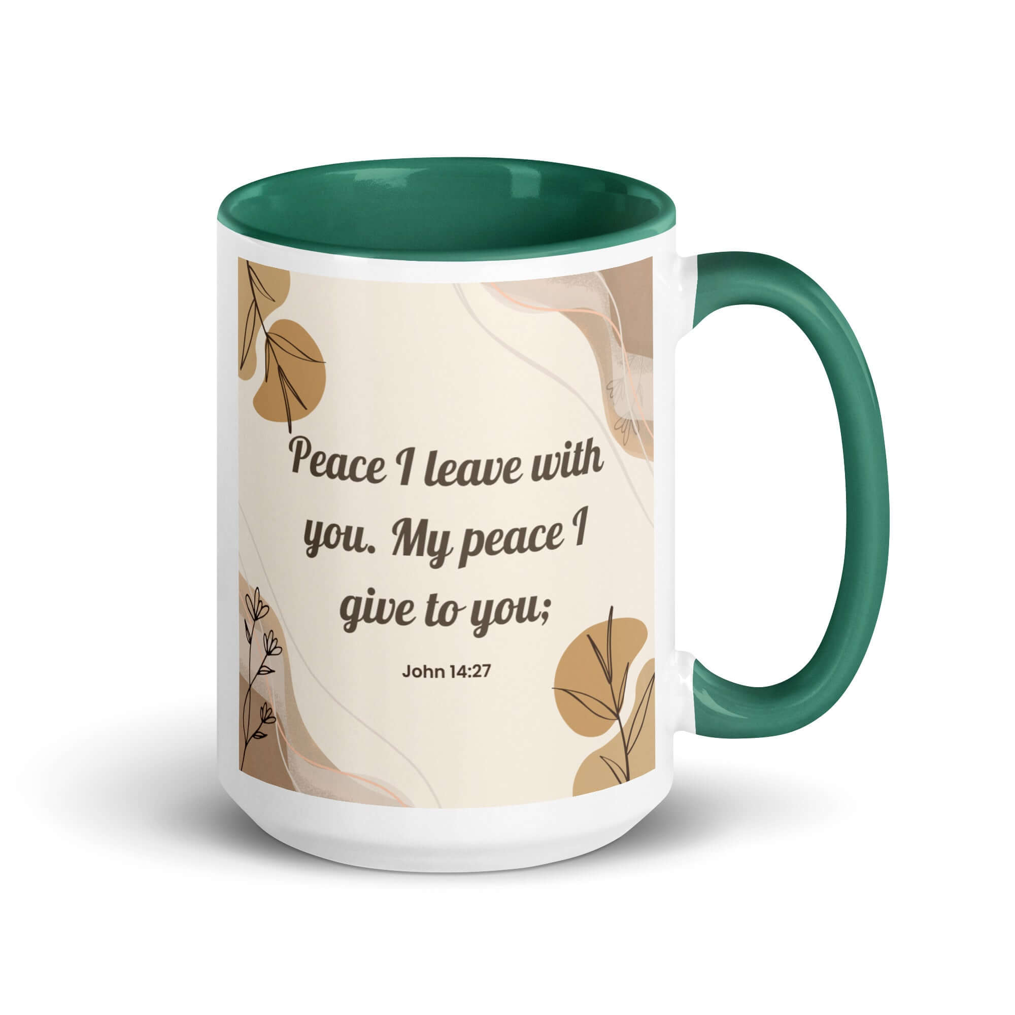 John 14:27 Bible Verse, Peace I White Ceramic Mug with Color Inside Dark green 15 oz