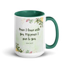 John 14:27 Bible Verse, My peace White Ceramic Mug with Color Inside Dark green 15 oz