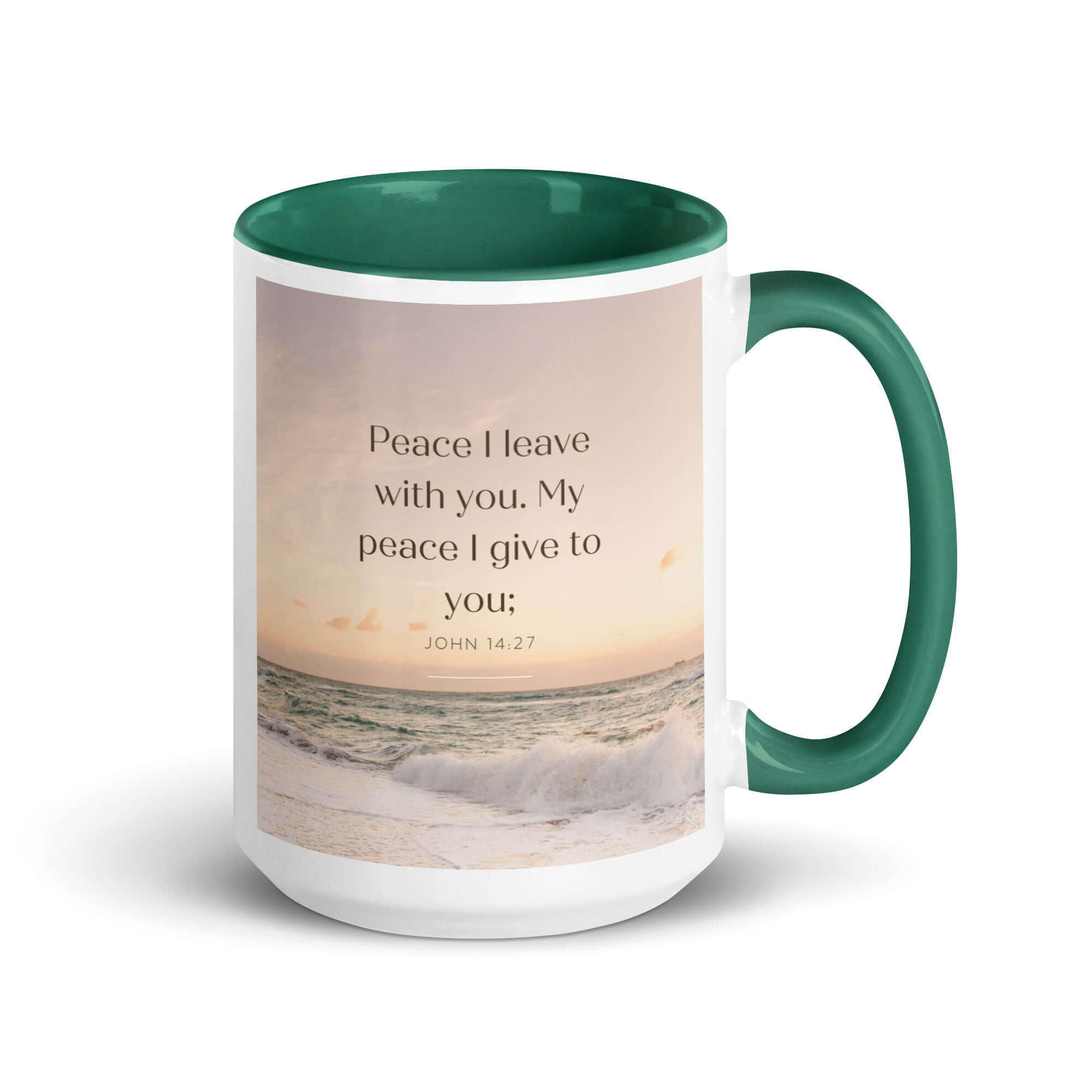 John 14:27 Bible Verse, not as the White Ceramic Mug with Color Inside Dark green 15 oz