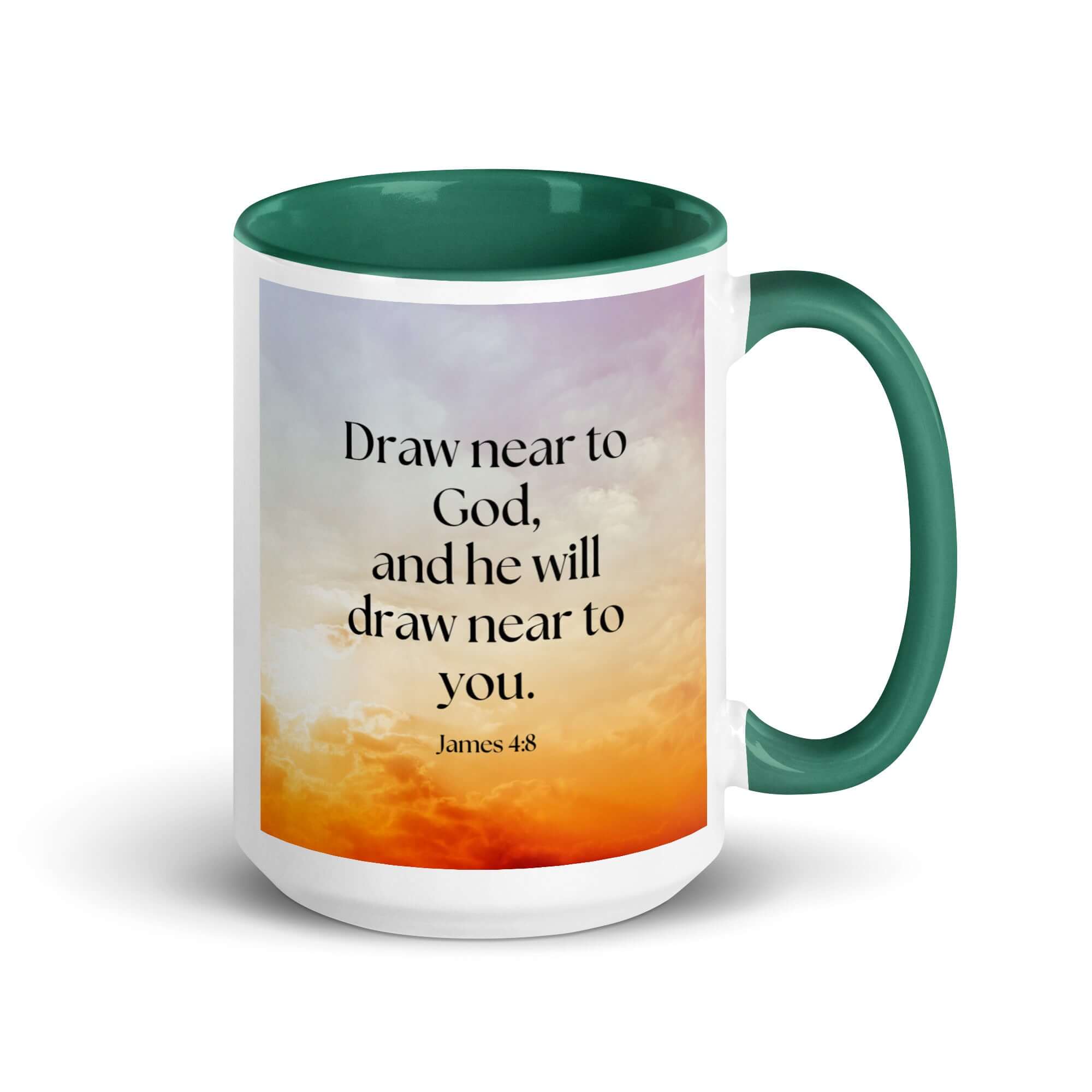 James 4:8 Bible Verse, he will draw White Ceramic Mug with Color Inside Dark green 15 oz