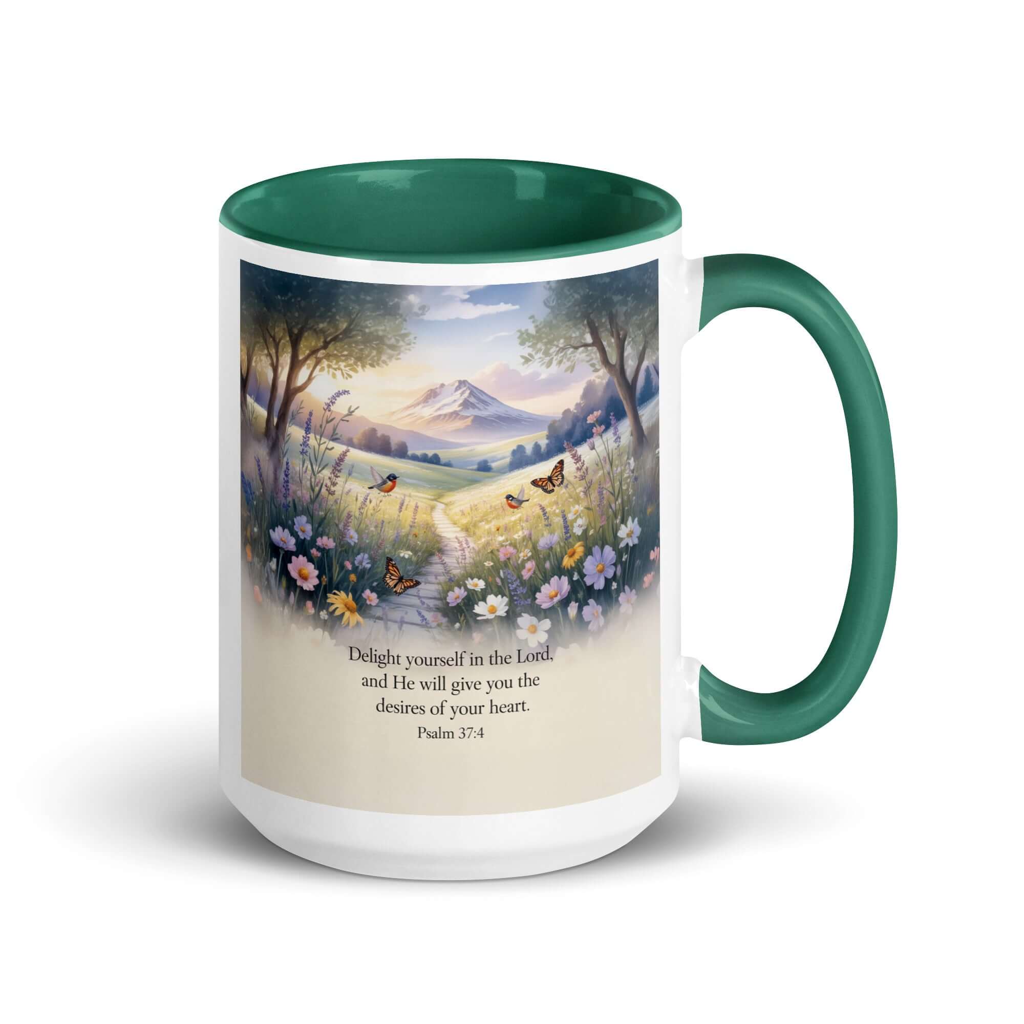 Psalm 37:4 Bible Verse, Delight White Ceramic Mug with Color Inside Dark green 15 oz