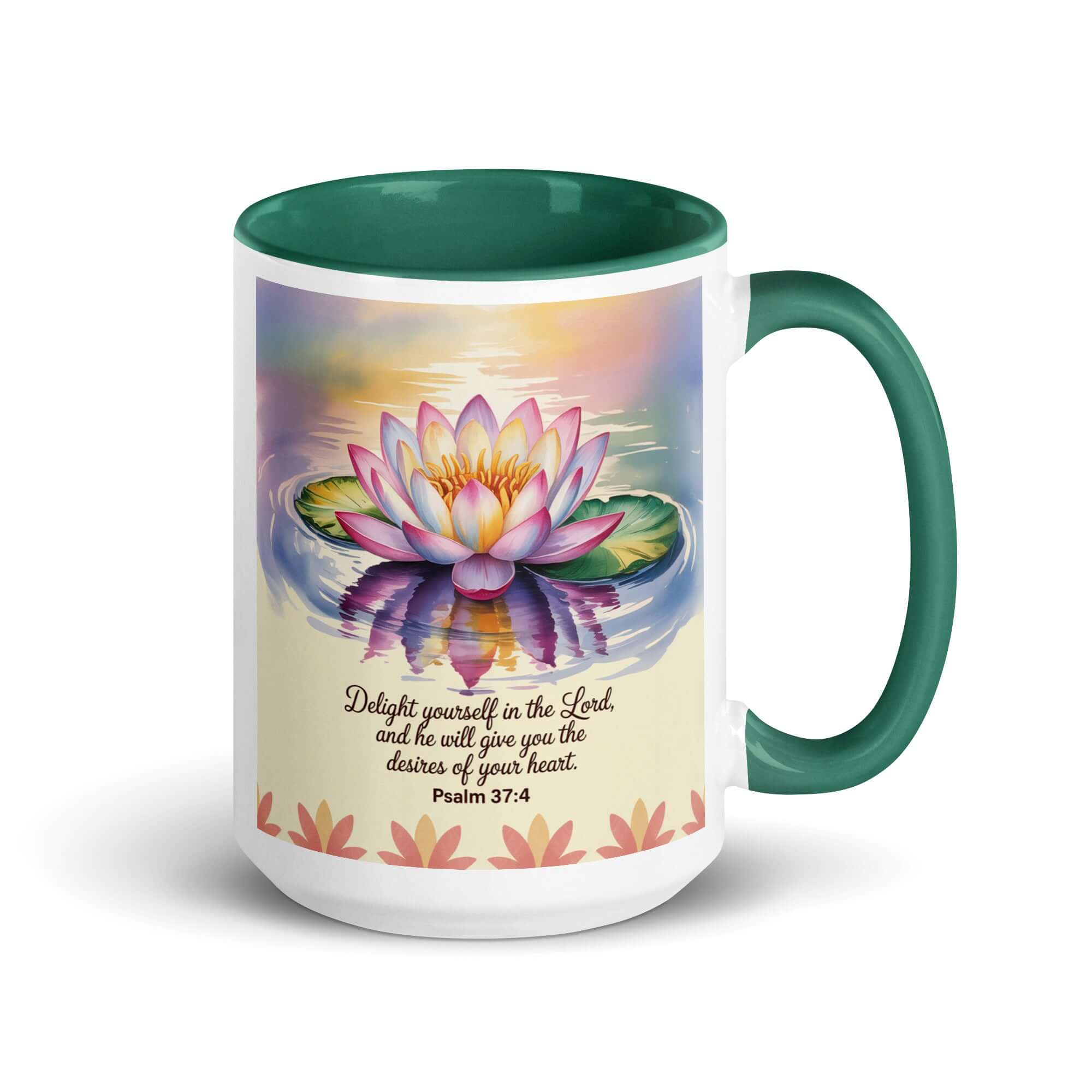 Psalm 37:4 Bible Verse, the Lord White Ceramic Mug with Color Inside Dark green 15 oz