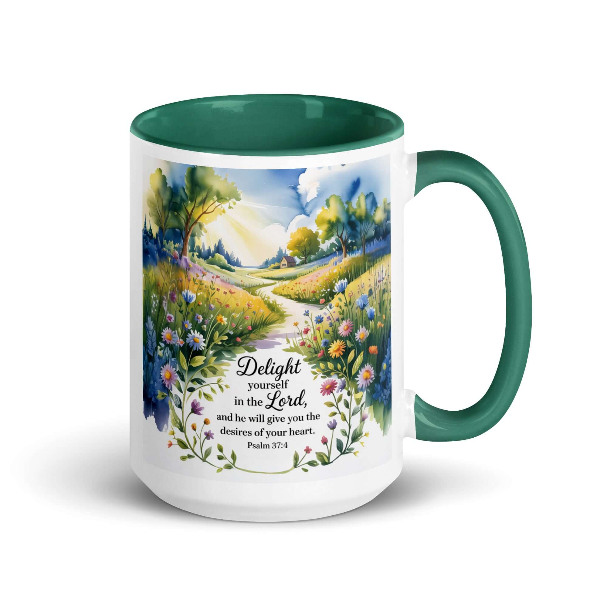 Psalm 37:4 Bible Verse, desires White Ceramic Mug with Color Inside Dark green 15 oz