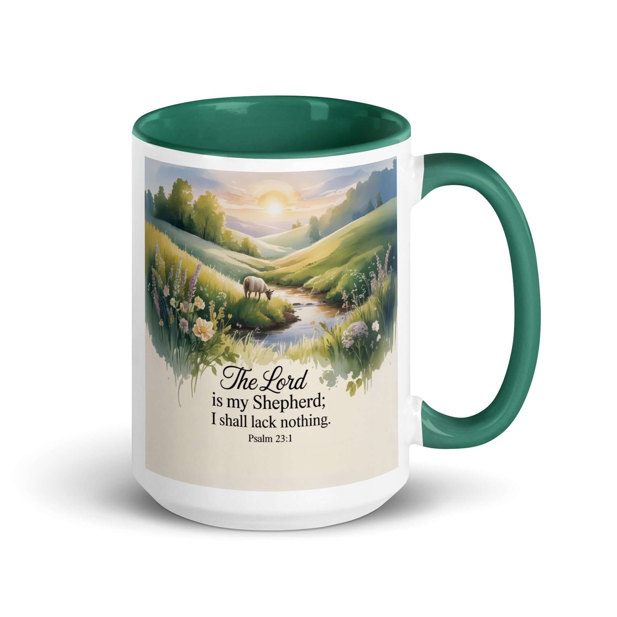 Psalm 23:1 Bible Verse, Lord White Ceramic Mug with Color Inside Dark green 15 oz