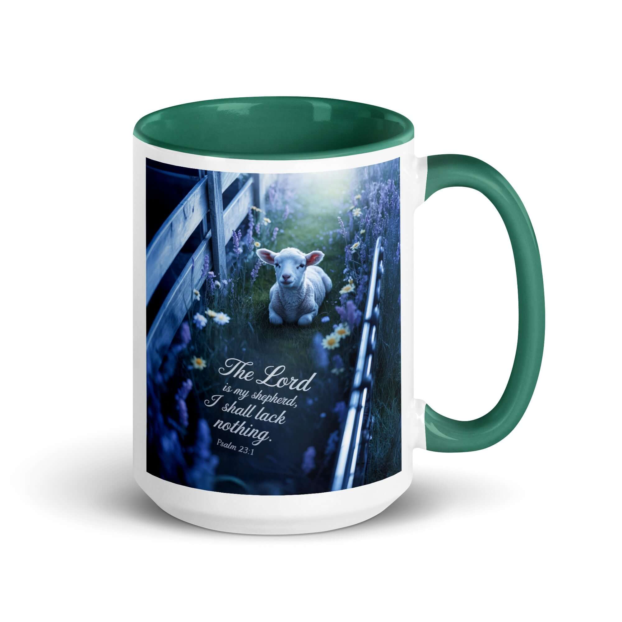 Psalm 23:1 Bible Verse, Shepherd White Ceramic Mug with Color Inside Dark green 15 oz
