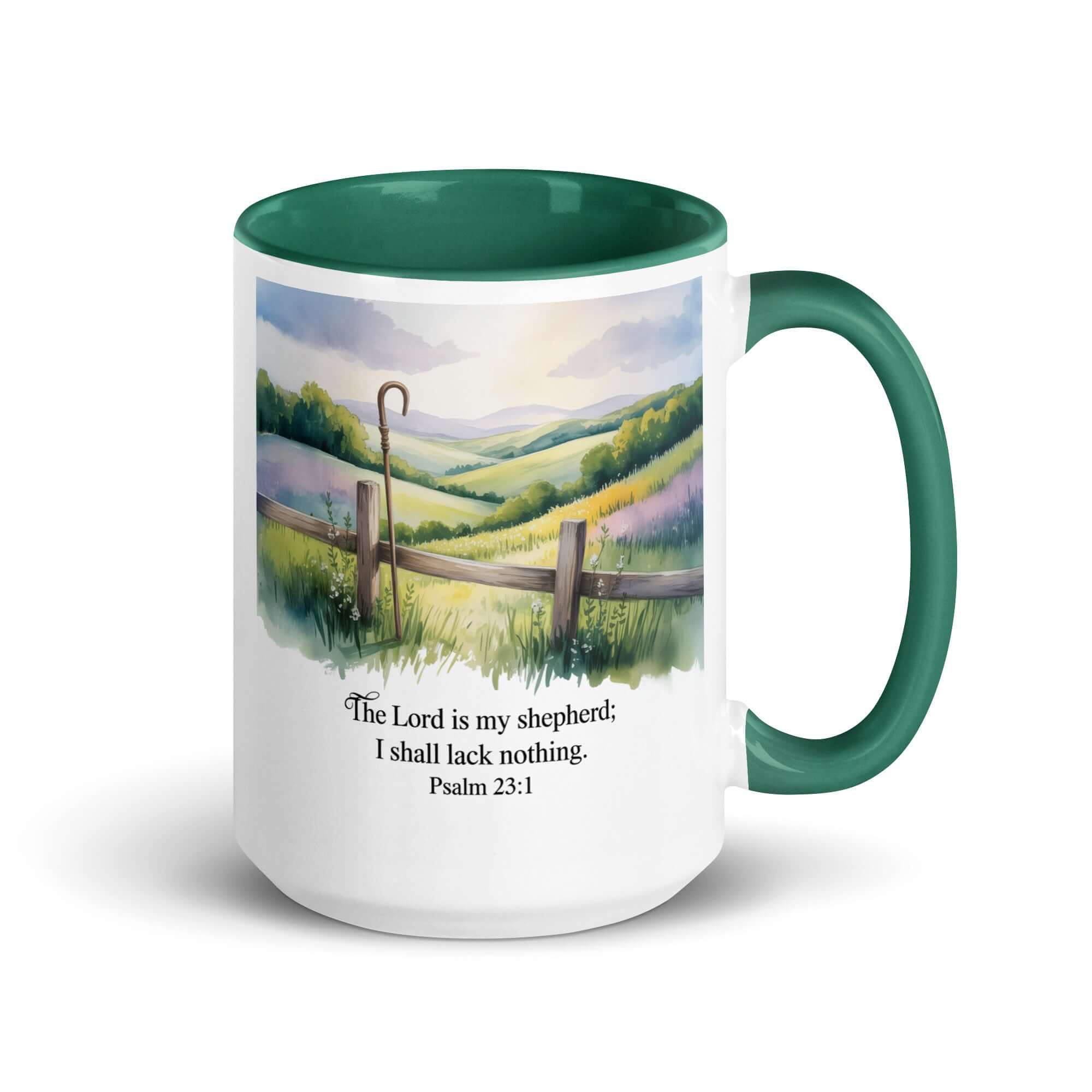 Psalm 23:1 Bible Verse, Lack White Ceramic Mug with Color Inside Dark green 15 oz
