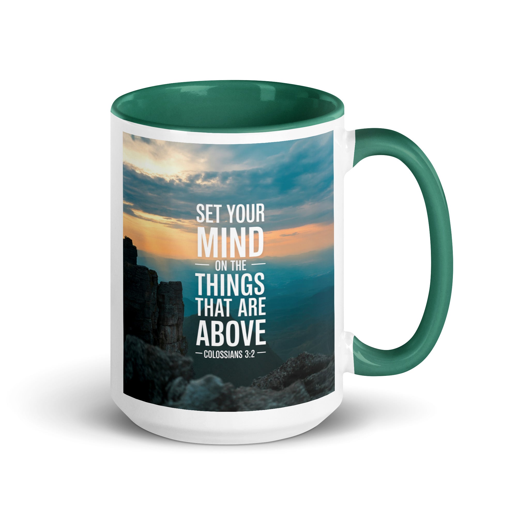 Colossians 3:2 Bible Verse on the White Ceramic Mug with Color Inside Dark green 15 oz