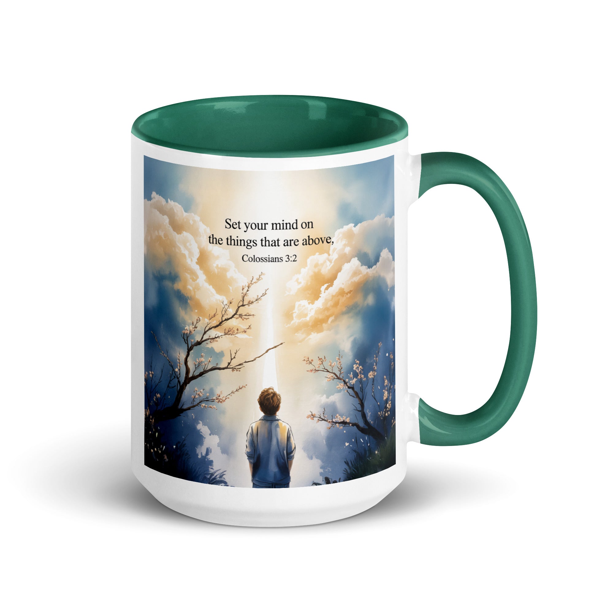 Colossians 3:2 Bible Verse the things White Ceramic Mug with Color Inside Dark green 15 oz