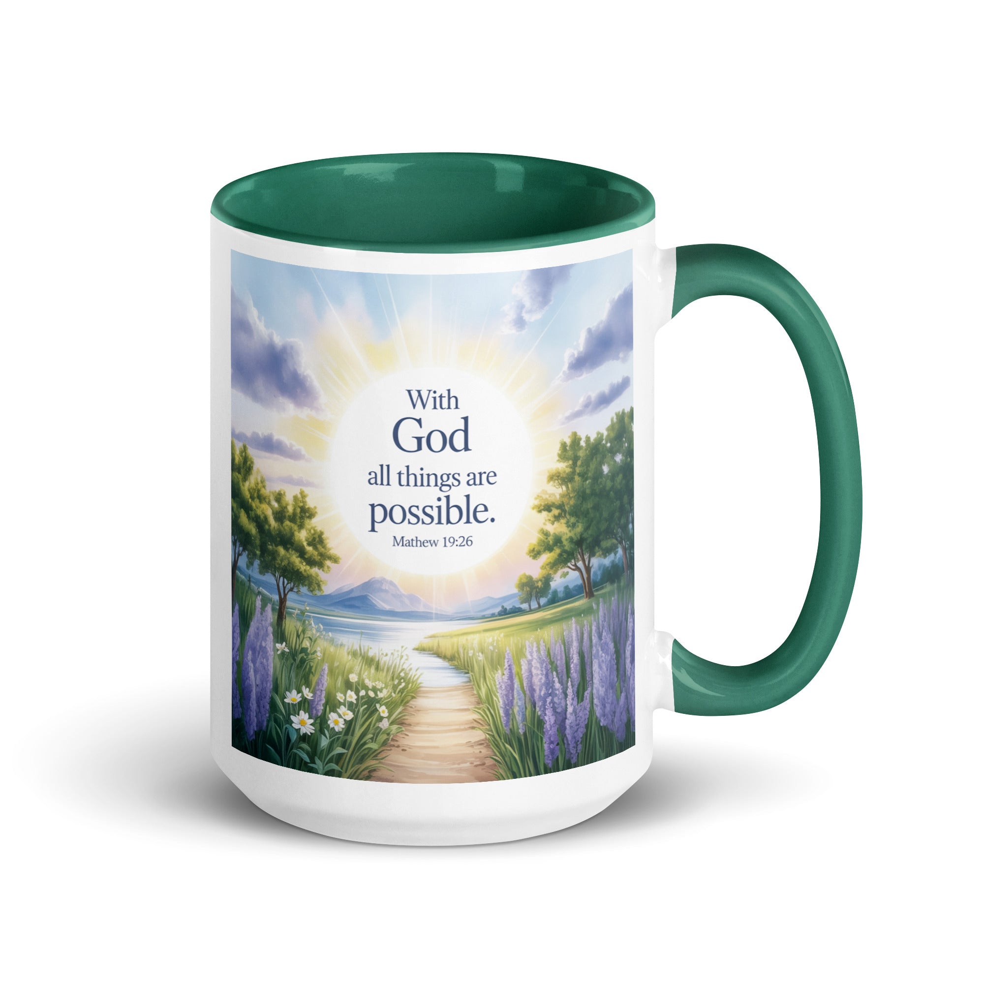 Matthew 19:26 Bible Verse Looking at White Ceramic Mug with Color Inside Dark green 15 oz