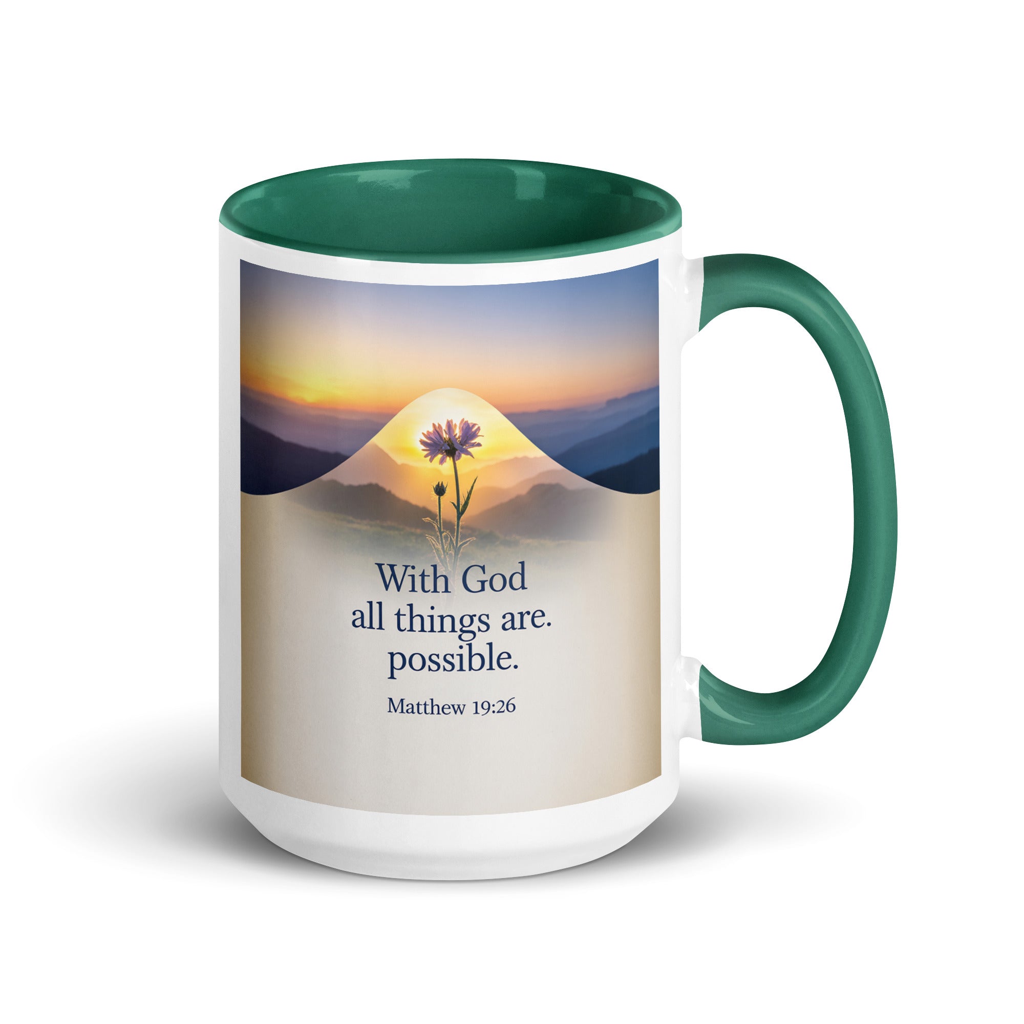 Matthew 19:26 Bible Verse at them White Ceramic Mug with Color Inside Dark green 15 oz