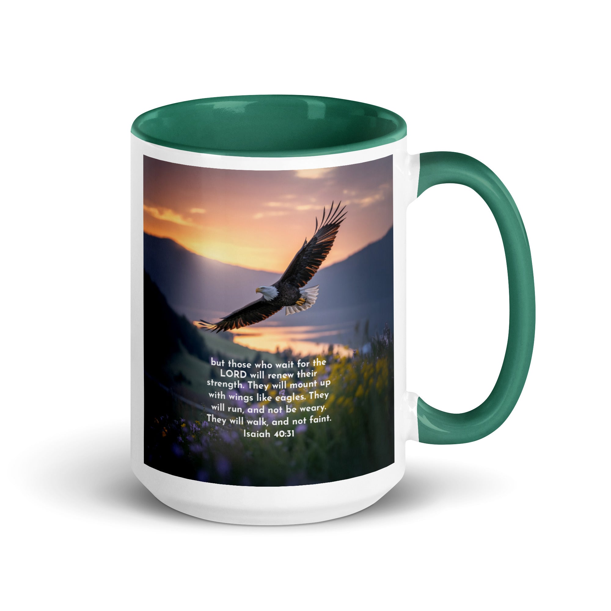 Isaiah 40:31 Bible Verse Renew Strength White Ceramic Mug with Color Inside Dark green 15 oz