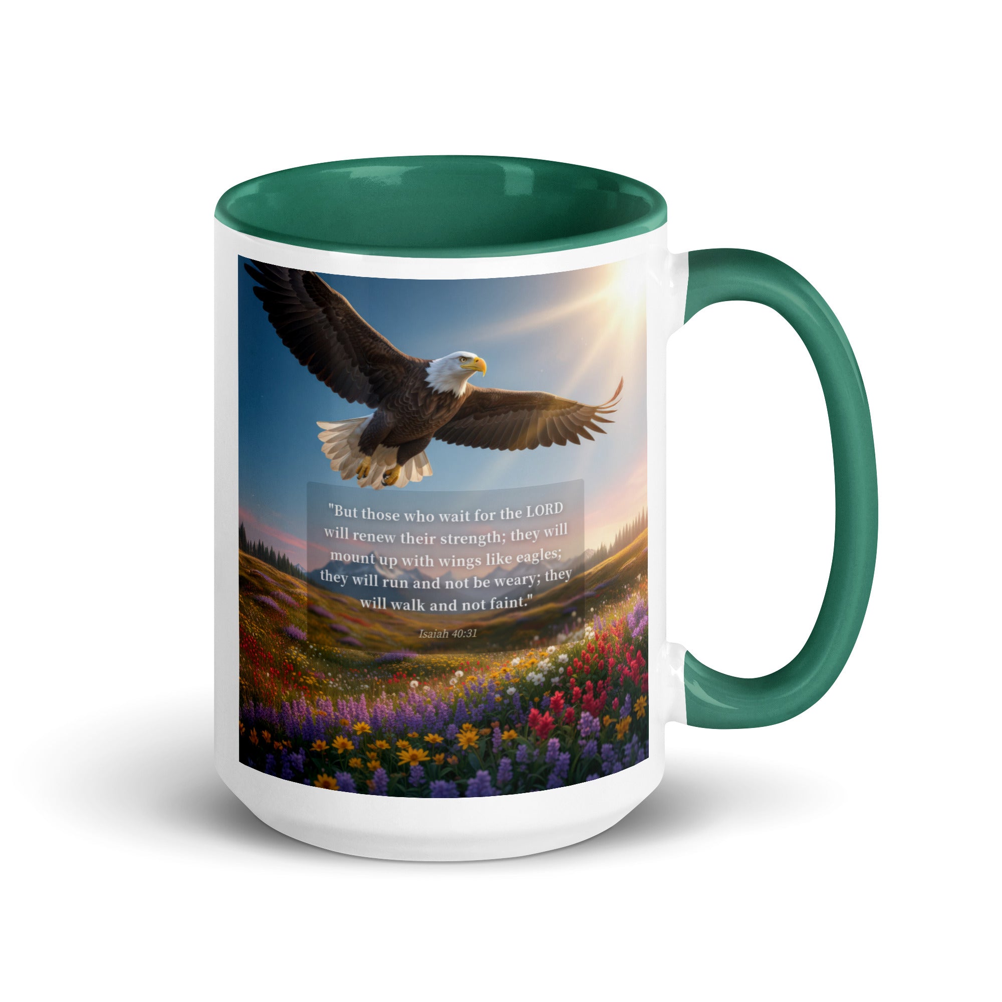 Isaiah 40:31 Bible Verse Who Wait White Ceramic Mug with Color Inside Dark green 15 oz