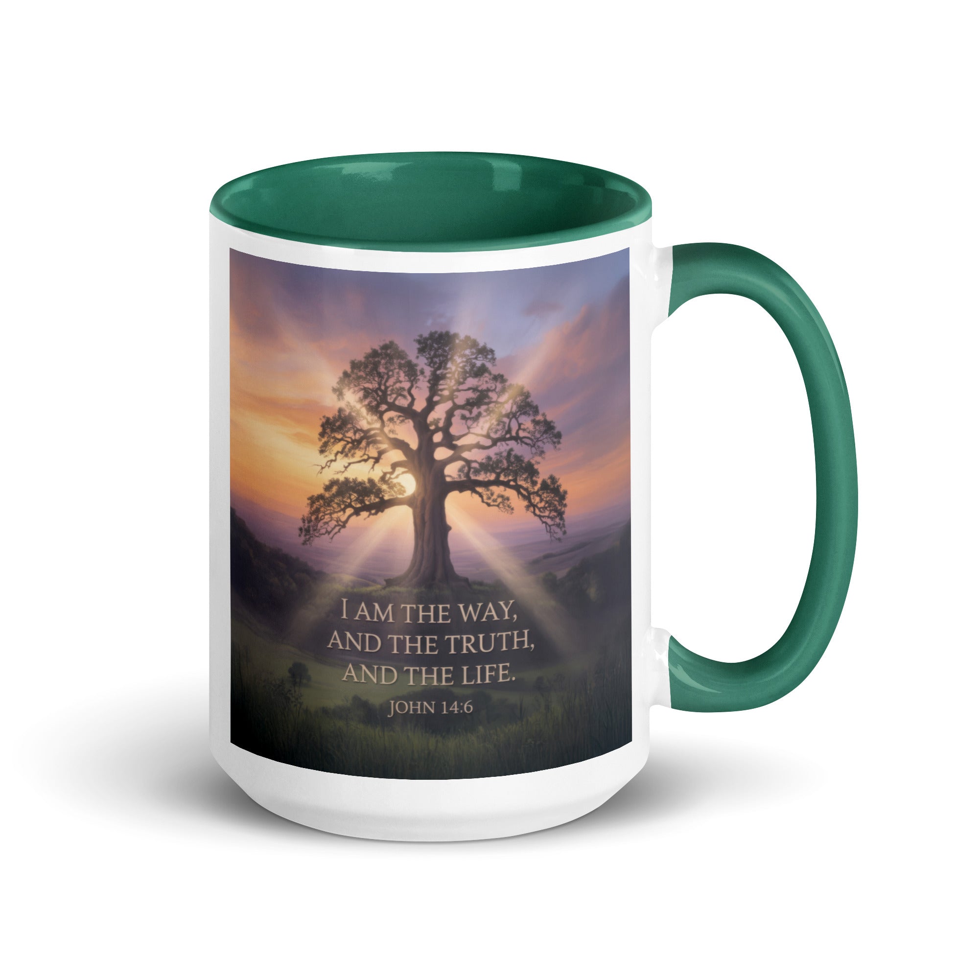 John 14:6 Bible Verse Jesus said White Ceramic Mug with Color Inside Dark green 15 oz