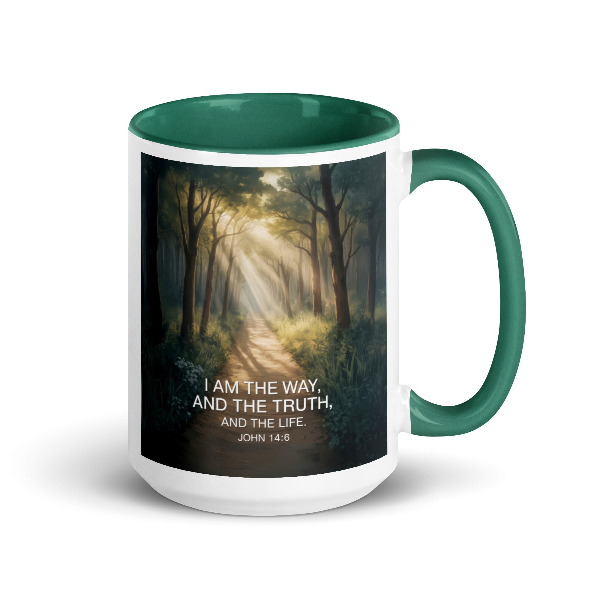 John 14:6 Bible Verse I Am White Ceramic Mug with Color Inside Dark green 15 oz