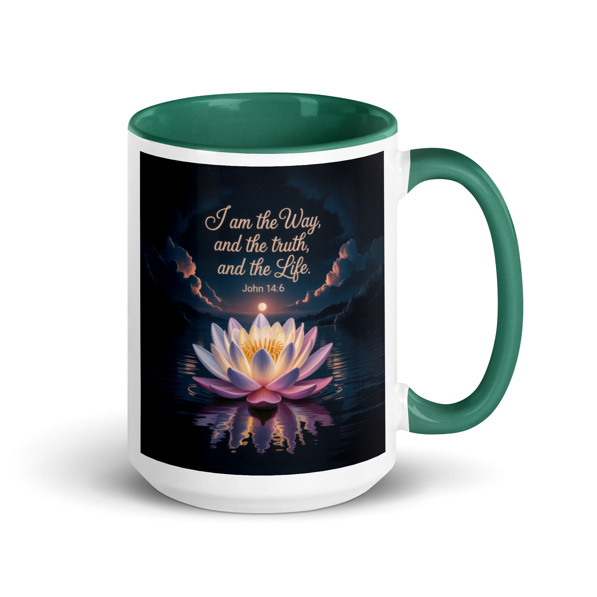 John 14:6 Bible Verse The Way White Ceramic Mug with Color Inside Dark green 15 oz