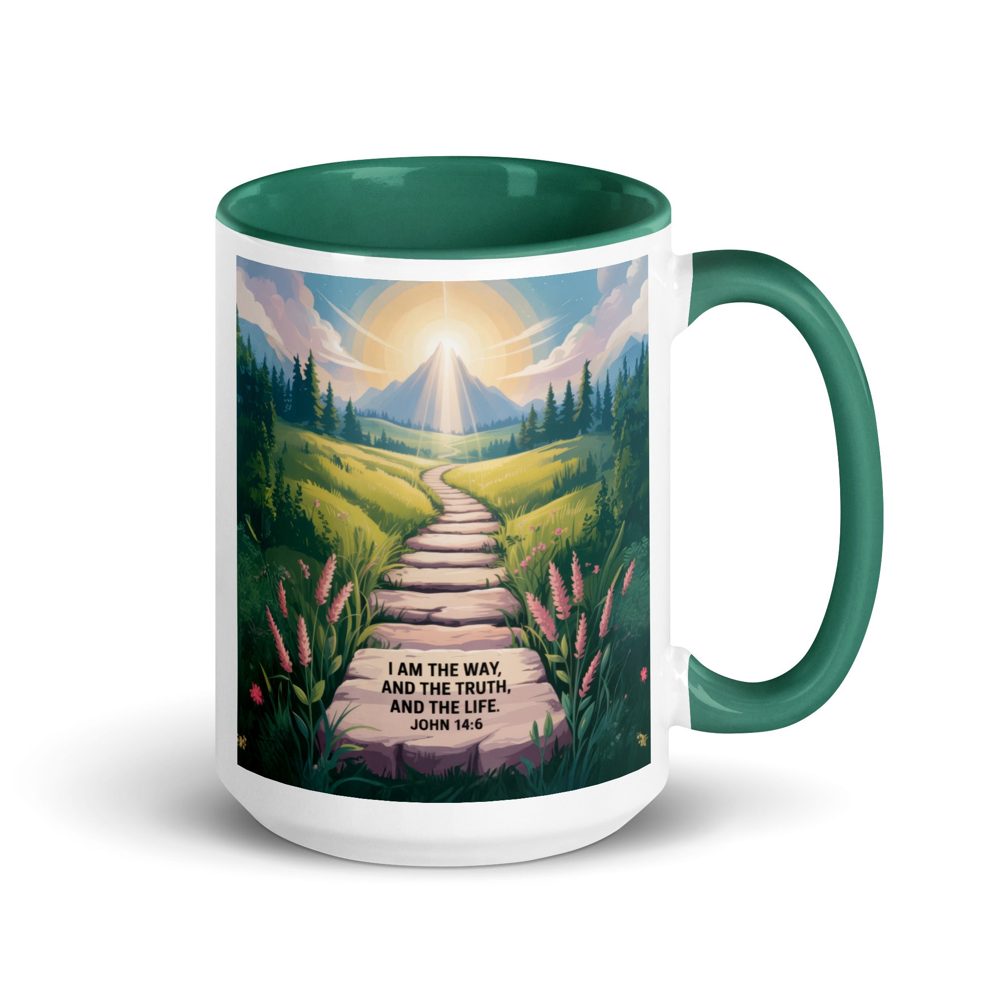 John 14:6 Bible Verse The Truth White Ceramic Mug with Color Inside Dark green 15 oz