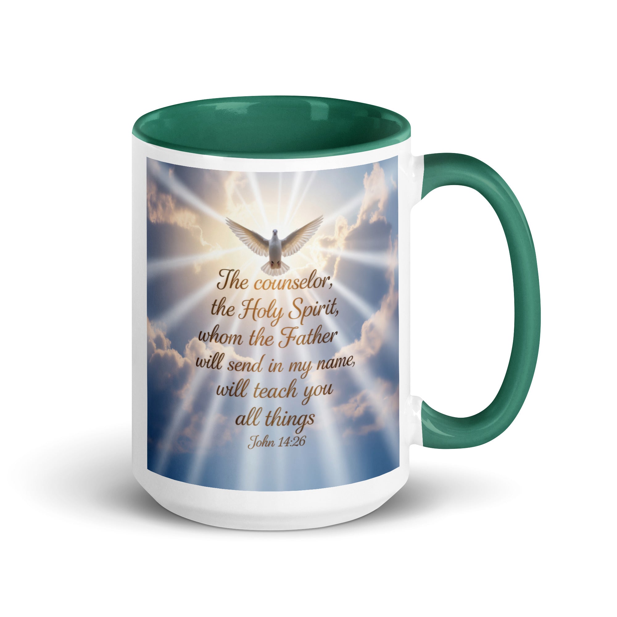 John 14:26 Bible Verse Father White Ceramic Mug with Color Inside Dark green 15 oz