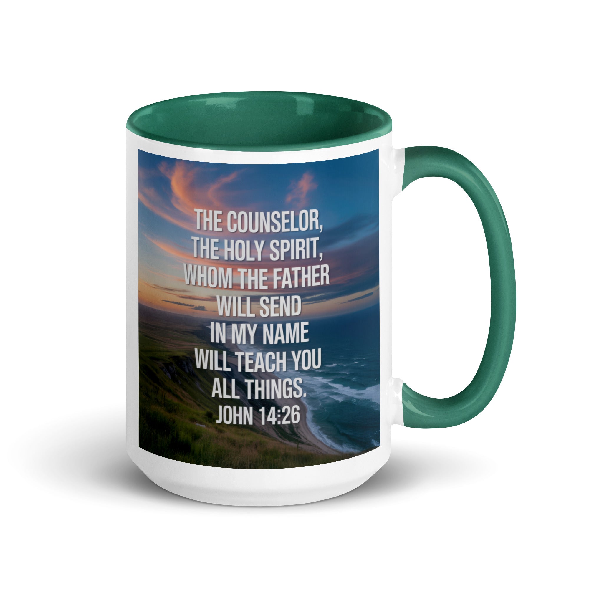 John 14:26 Bible Verse will teach White Ceramic Mug with Color Inside Dark green 15 oz