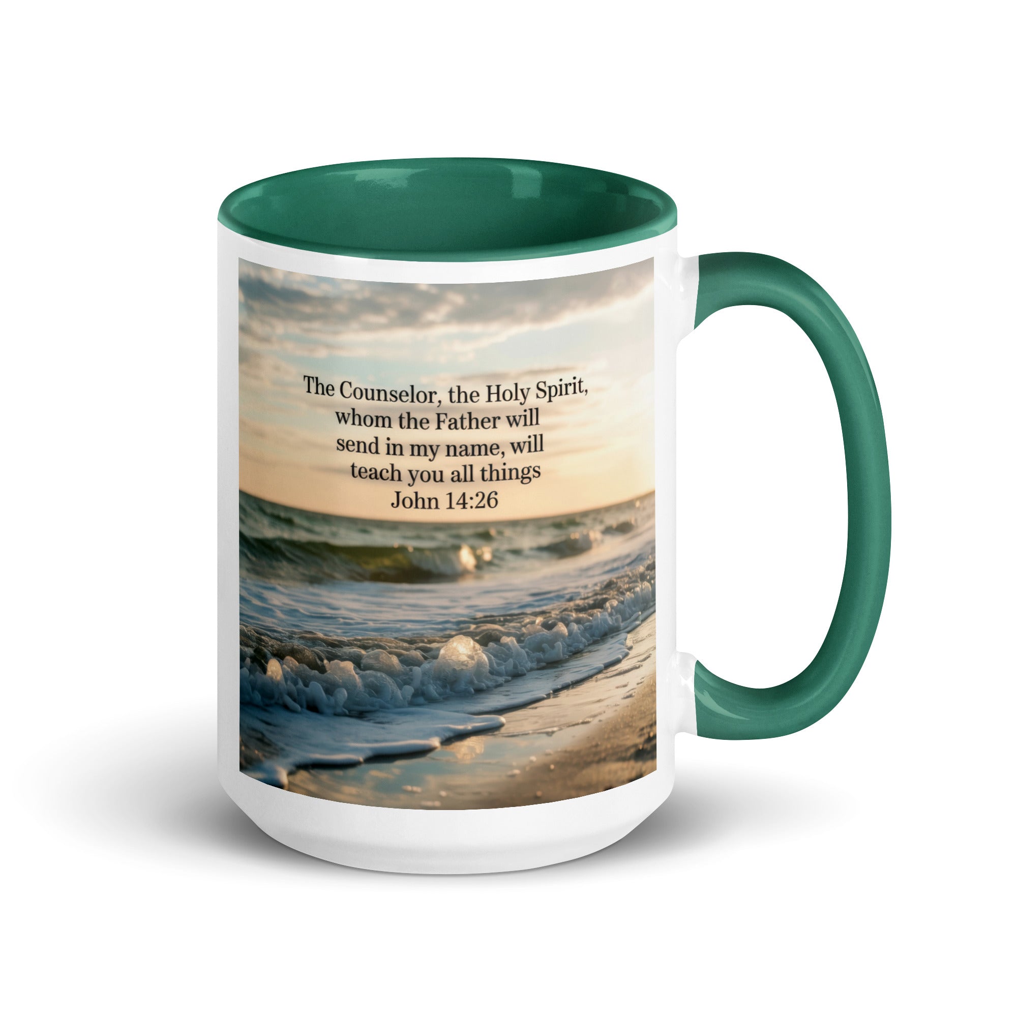 John 14:26 Bible Verse You All White Ceramic Mug with Color Inside Dark green 15 oz