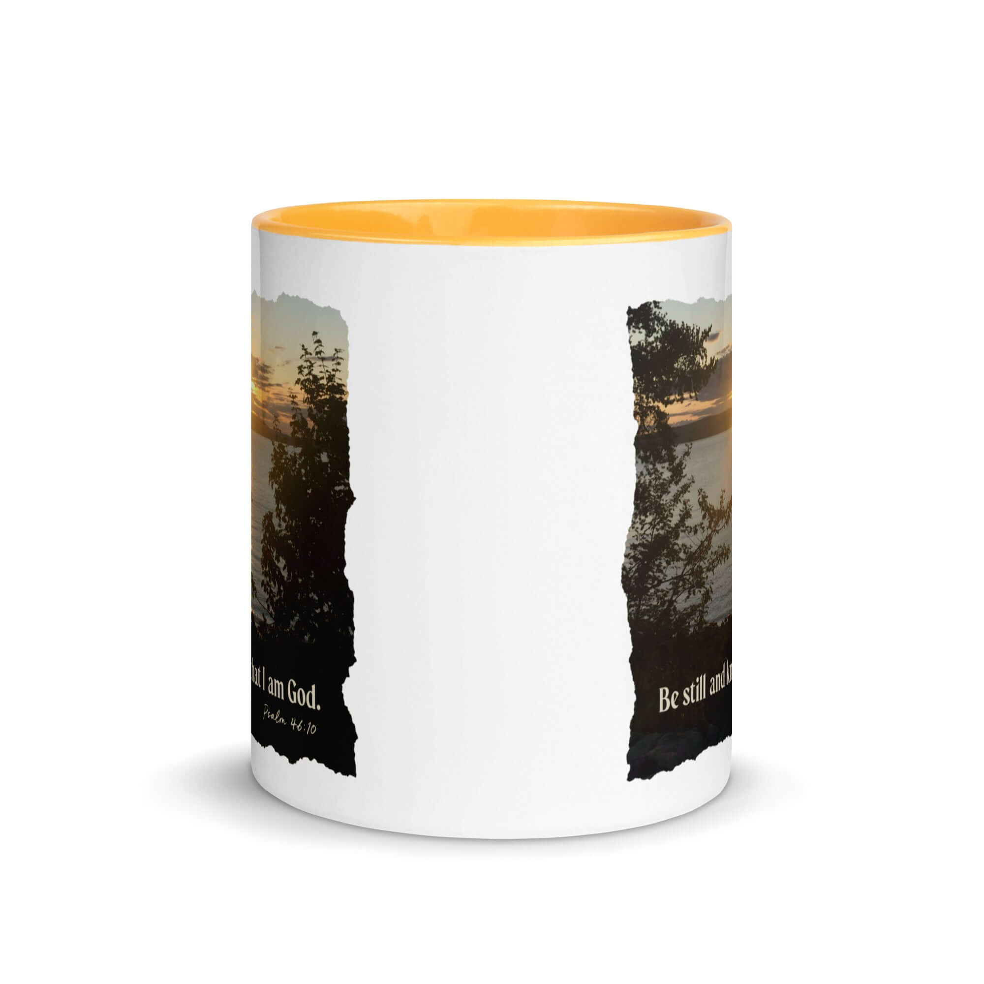 Psalm 46:10 Bible Verse, Sunset Glory White Ceramic Mug with Color Inside