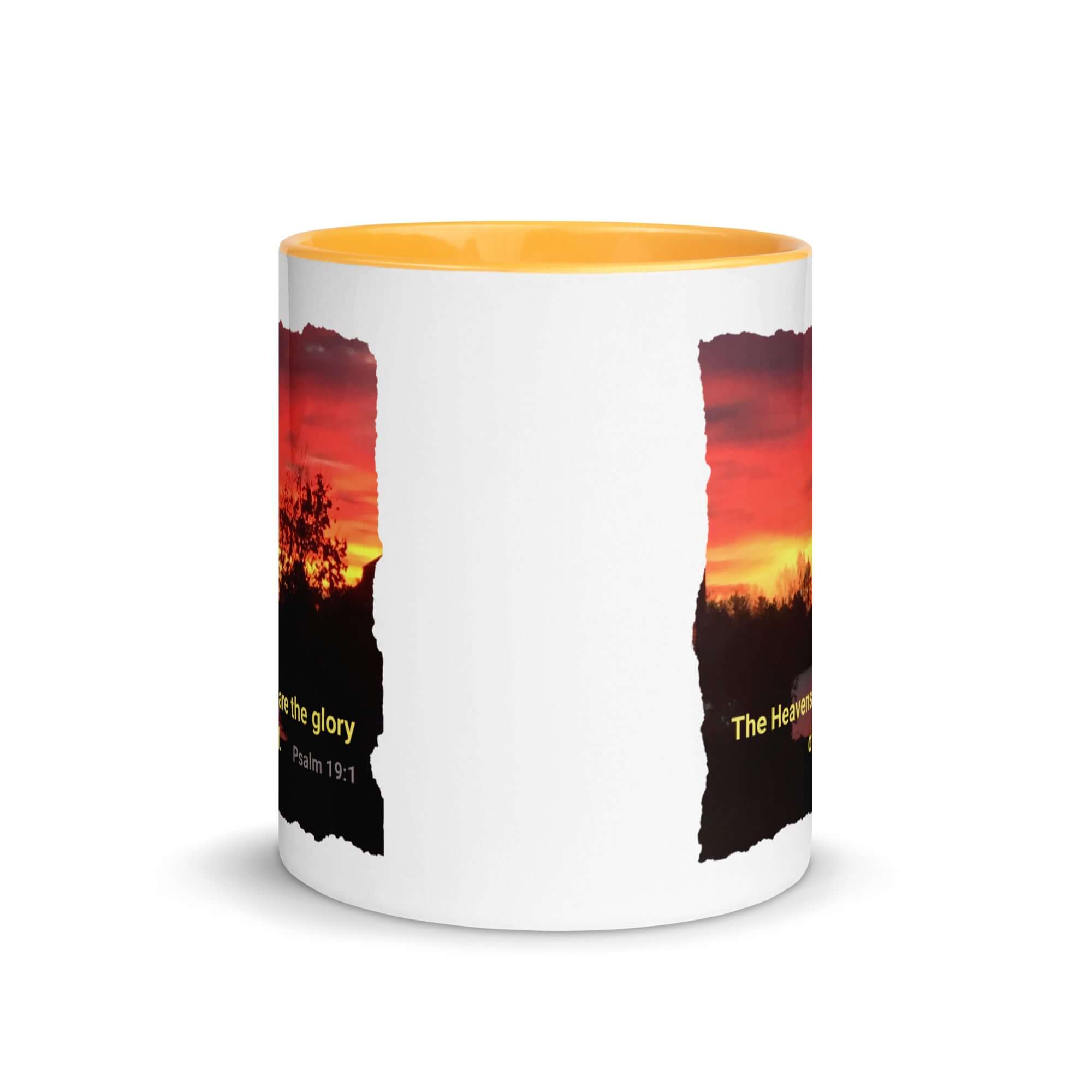 Psalm 19:1 Bible Verse, Sunset Glory White Ceramic Mug with Color Inside