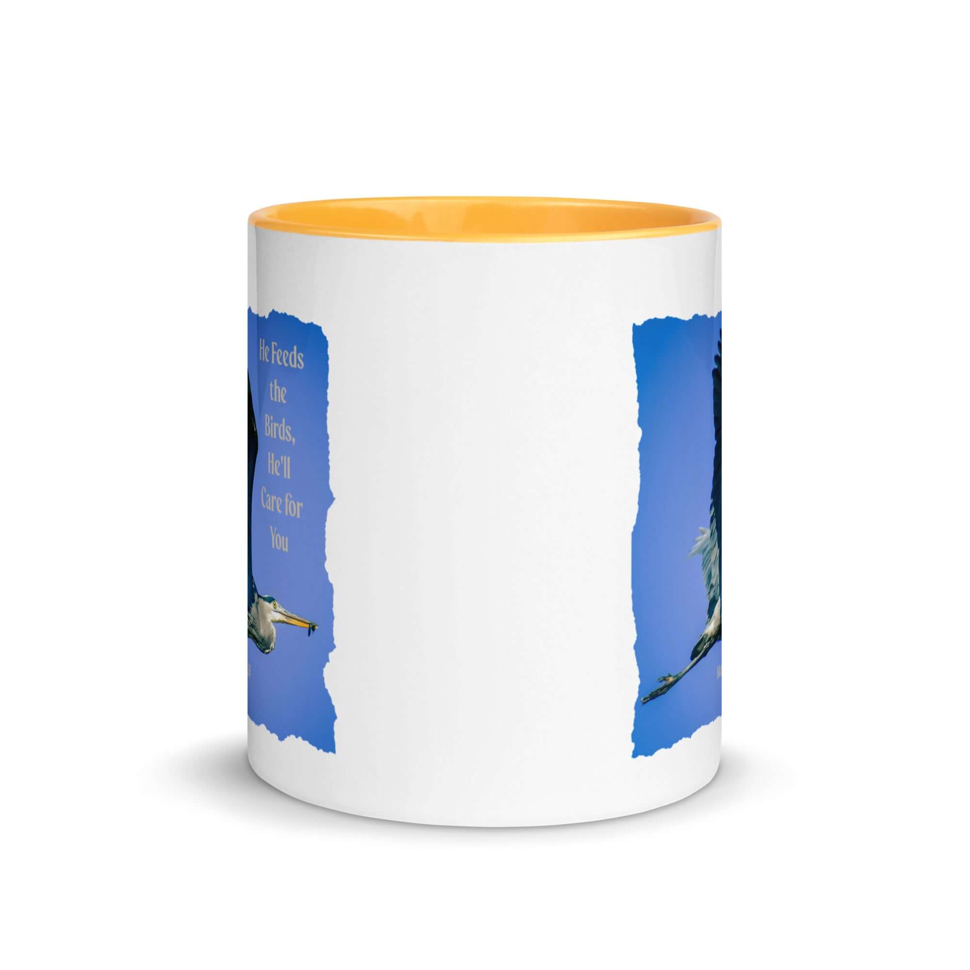 Matthew 6:26 Graceful Heron, He'll Care for You White Ceramic Mug with Color Inside