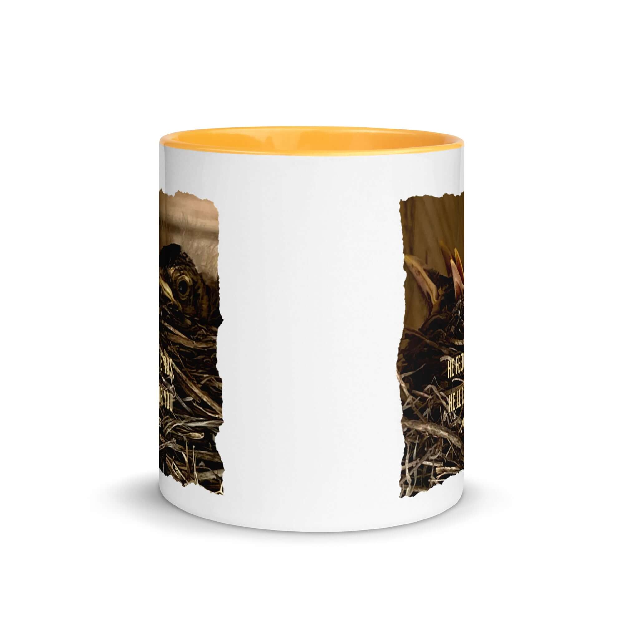 Matthew 6:26 Baby Robins, He'll Care for You White Ceramic Mug with Color Inside